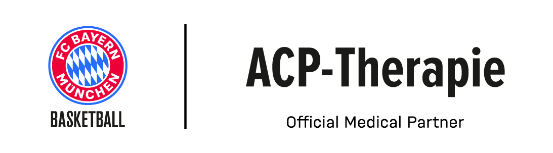 Logo zur Gesundheitspartnerschaft aus rot-weiß-blauem FCB Basketball-Logo links und schwarzem ACP-Therapie-Logo rechts