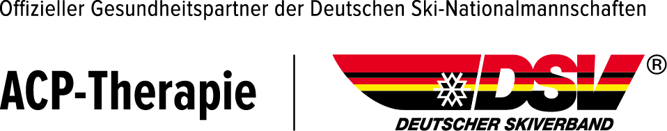 Logo zur Gesundheitspartnerschaft aus schwarzem ACP-Therapie-Logo links und rot-gelb-schwarzem Logo des Deutschen Skiverbandes rechts