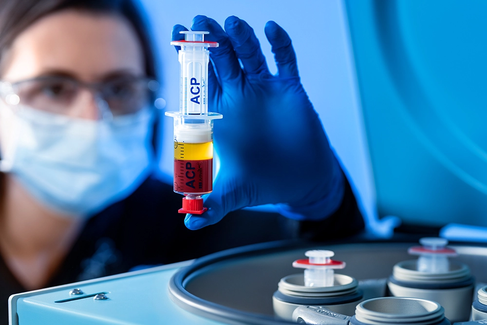 ACP-Spritze mit aufbereitetem Plasma nach Zentrifugation zur Vorbereitung der Eigenbluttherapie.
