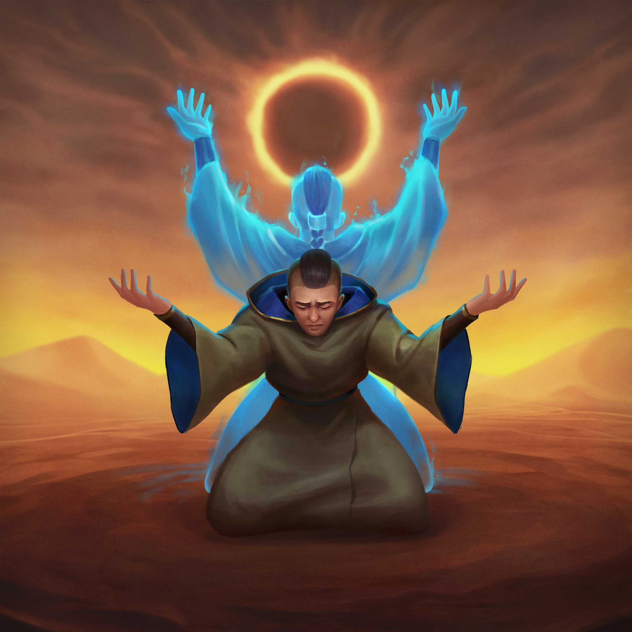 a man praying in the desert with a ghostly echo facing the eclipse