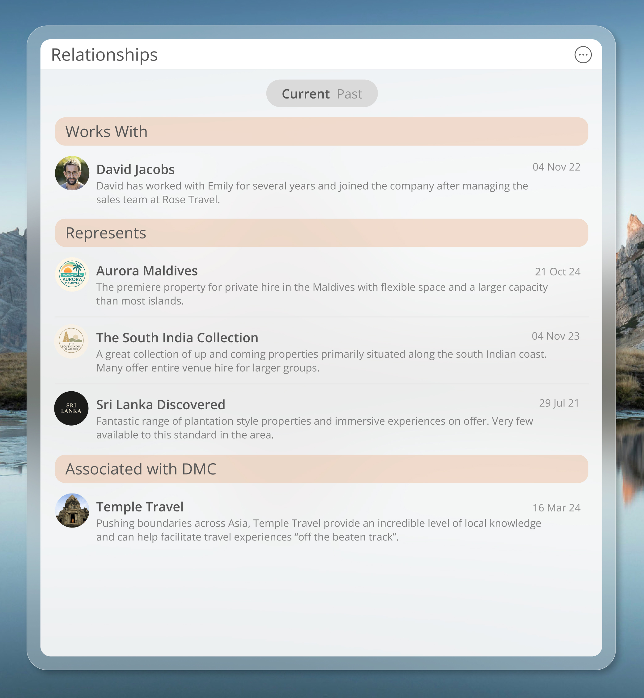 A preview of a new tile in Yodie 6 demonstrating professional relationships in a list view.