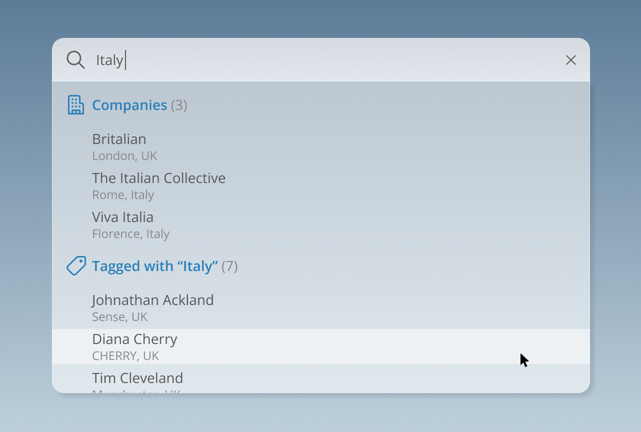 Yodie's search field with the word "Italy" typed int he field and results shown.