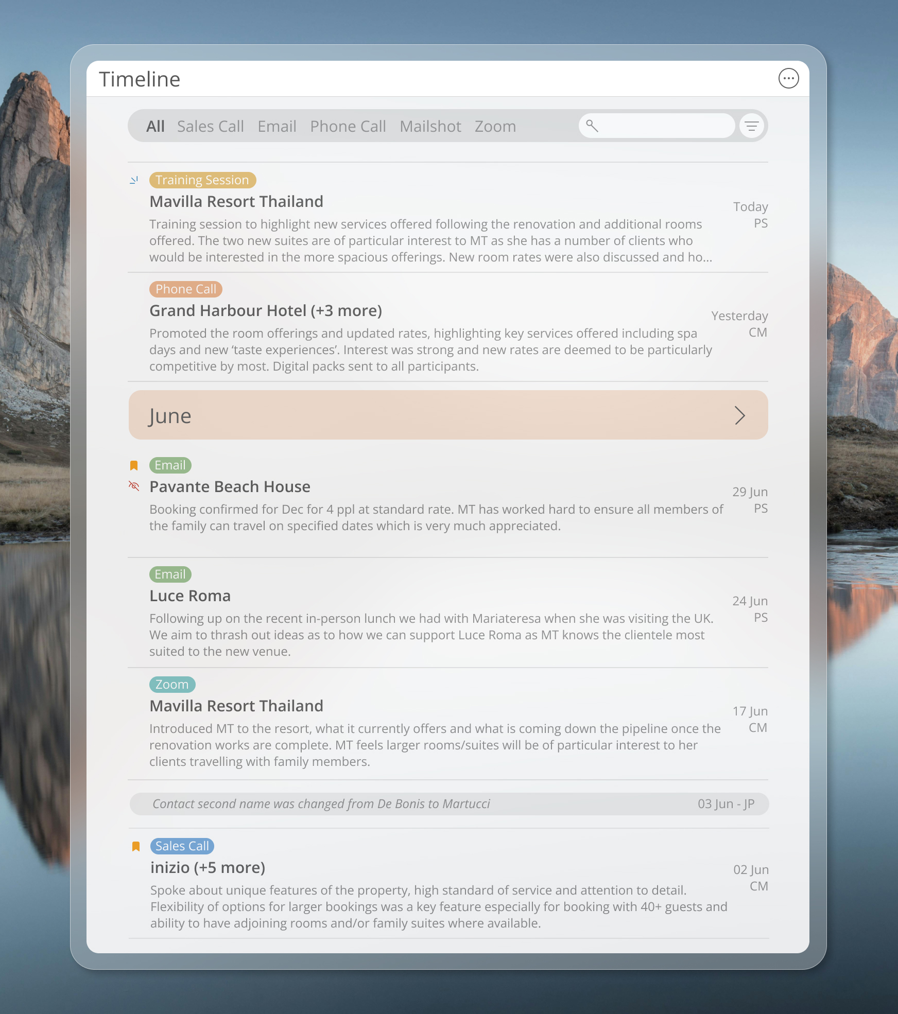 Yodie 6's new timeline tile listing several colour-coded entries.