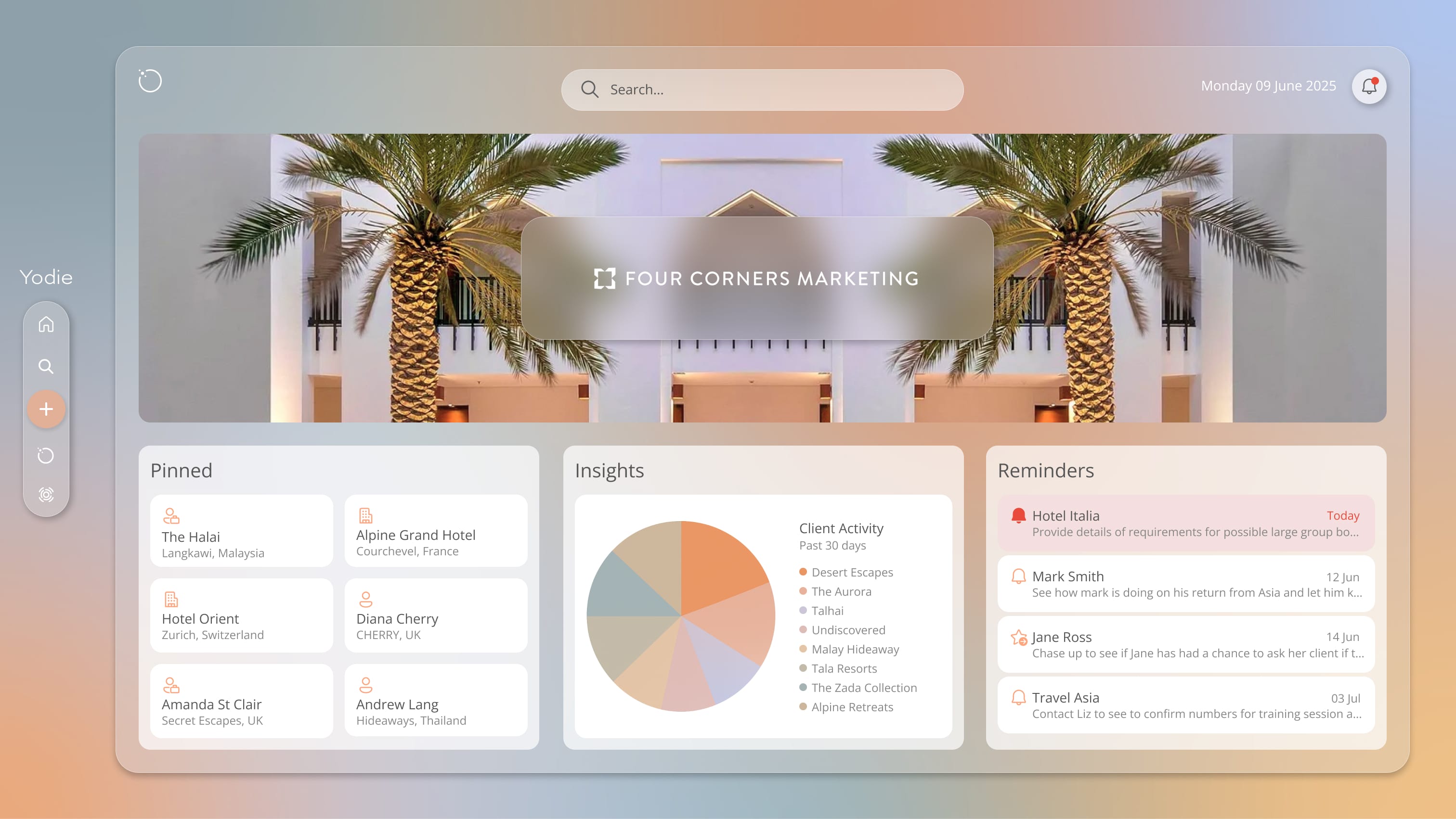 Yodie's new Extended Home Screen view showing a company logo with palm trees and other business data underneath.