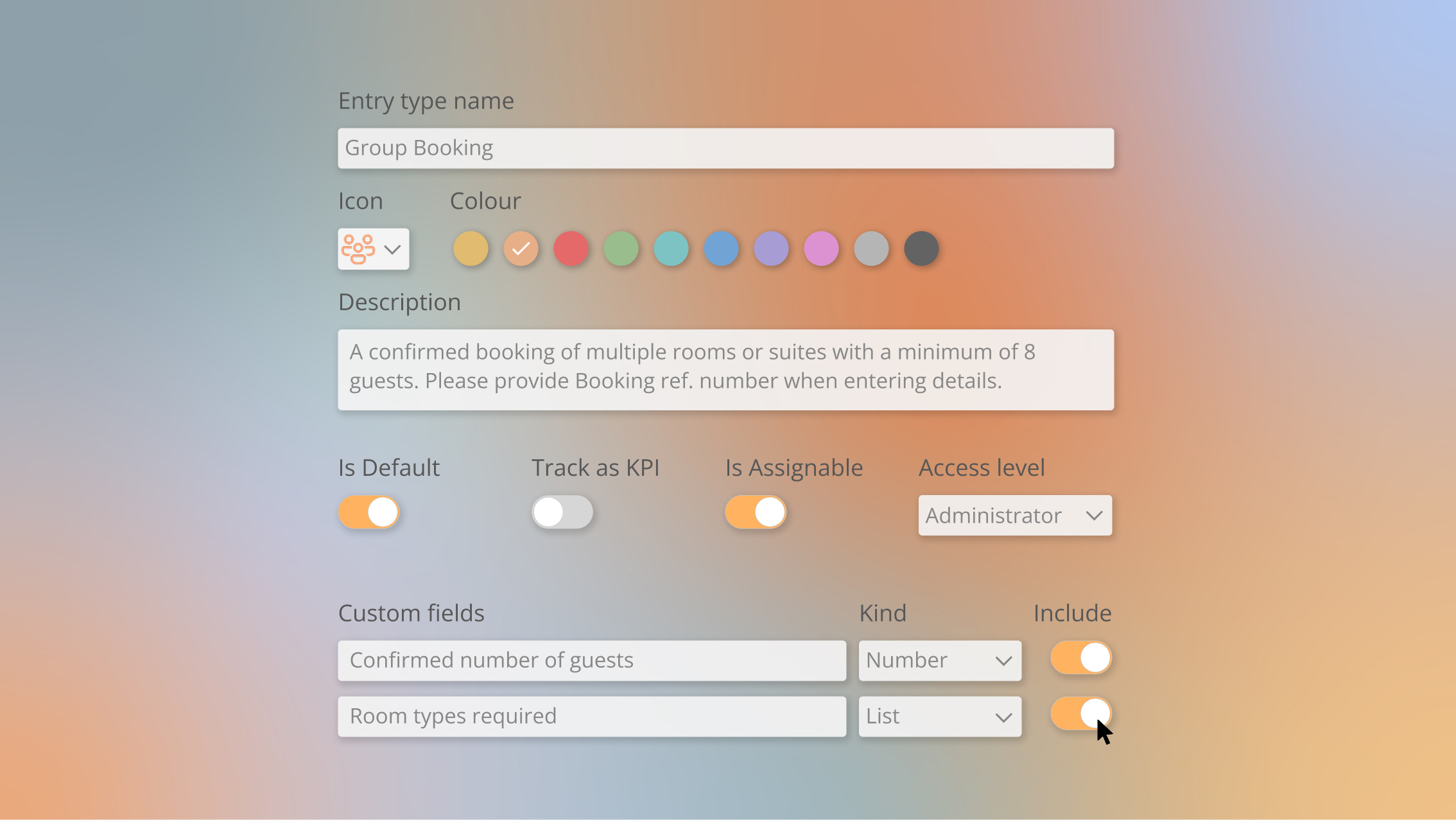 An image depicting the fields in a custom timeline entry including colours and labels. 