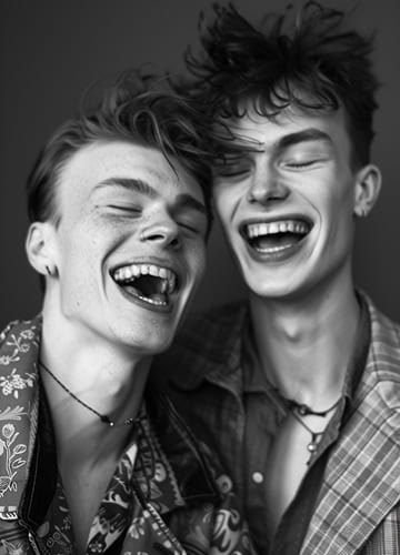 two young men are laughing