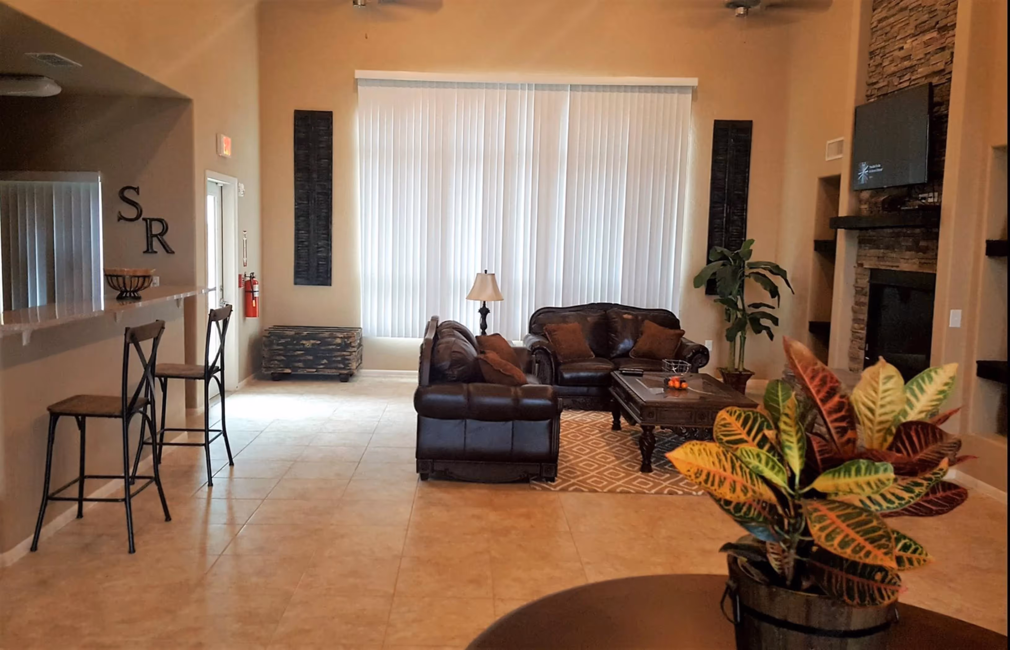 Lobby with couches and bar stools