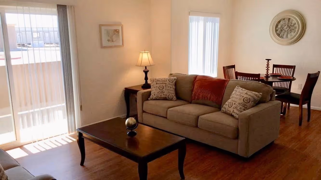 Living room with brown couch