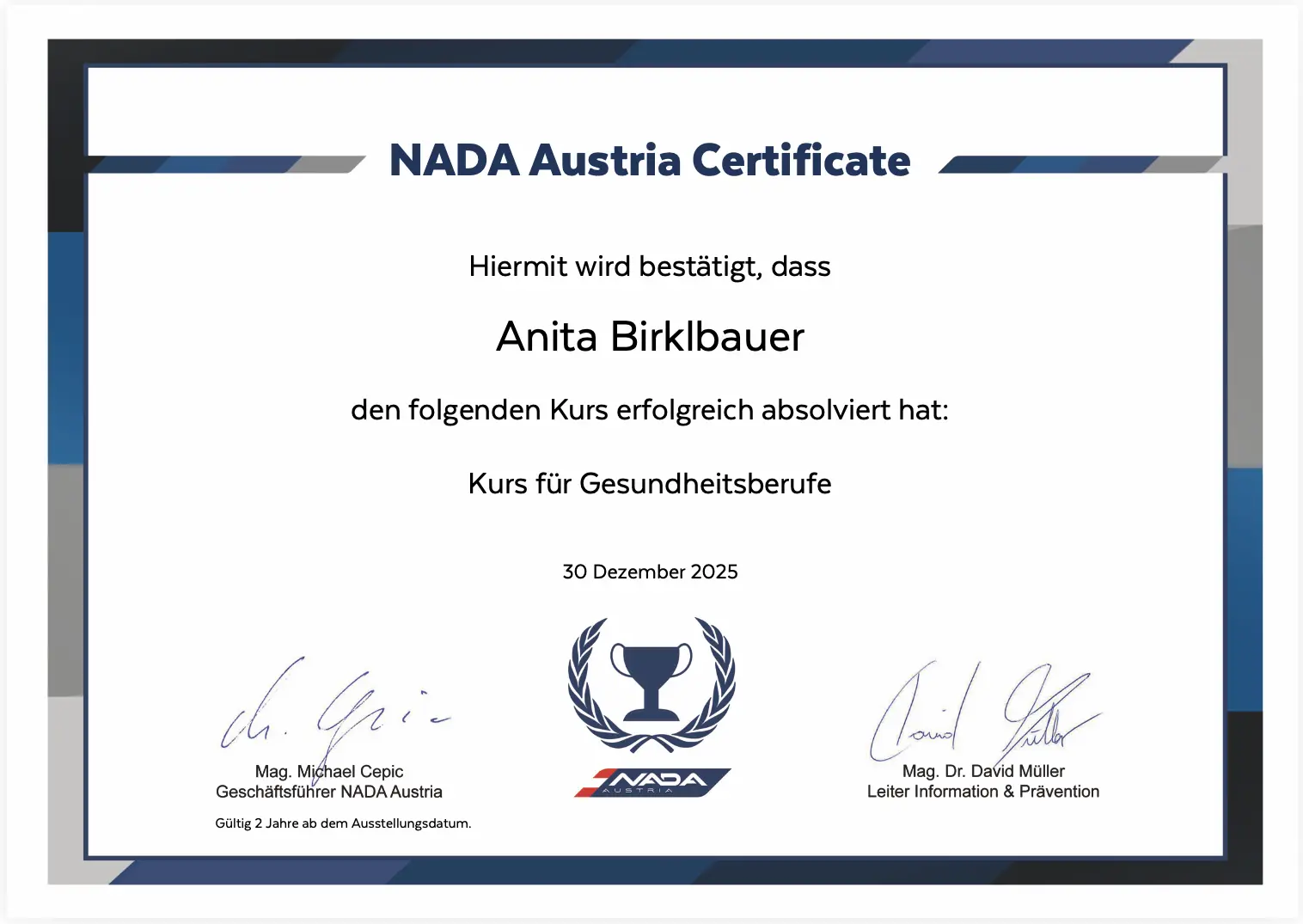 National Anti-Doping Agency, Austria, certificate, diploma