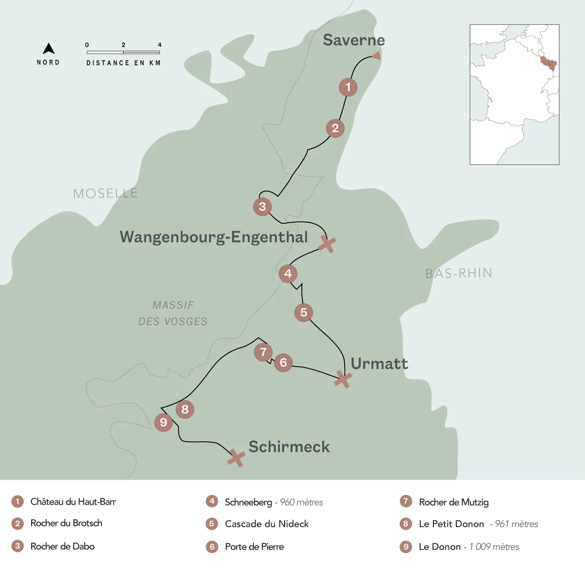 Tracé du parcours de rando dans les Vosges.