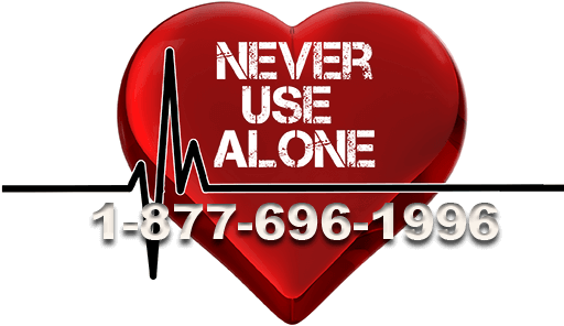 Never Use Alone in heart logo. Phone: 1-877-696-1996