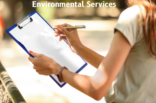 Text: Environmental Services, image of woman holding a clipboard