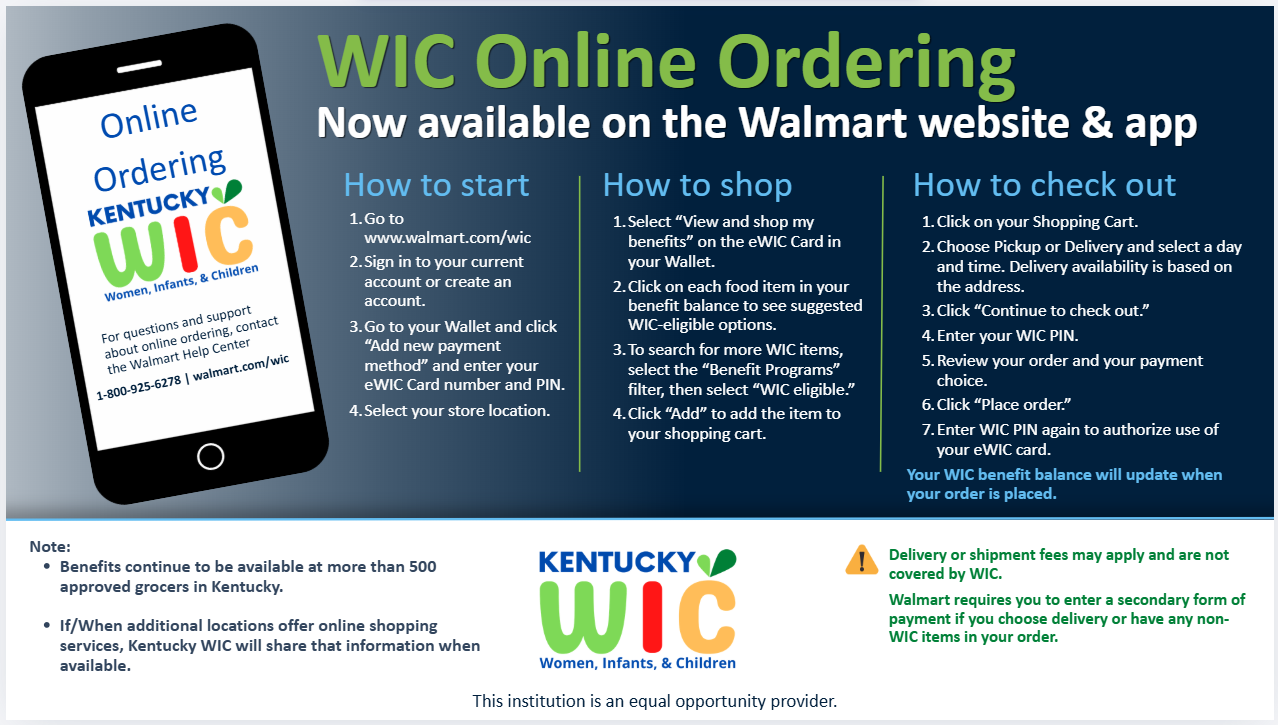 WIC Online Ordering now available on the Walmart website and app. Visit www.walmart.com/wic