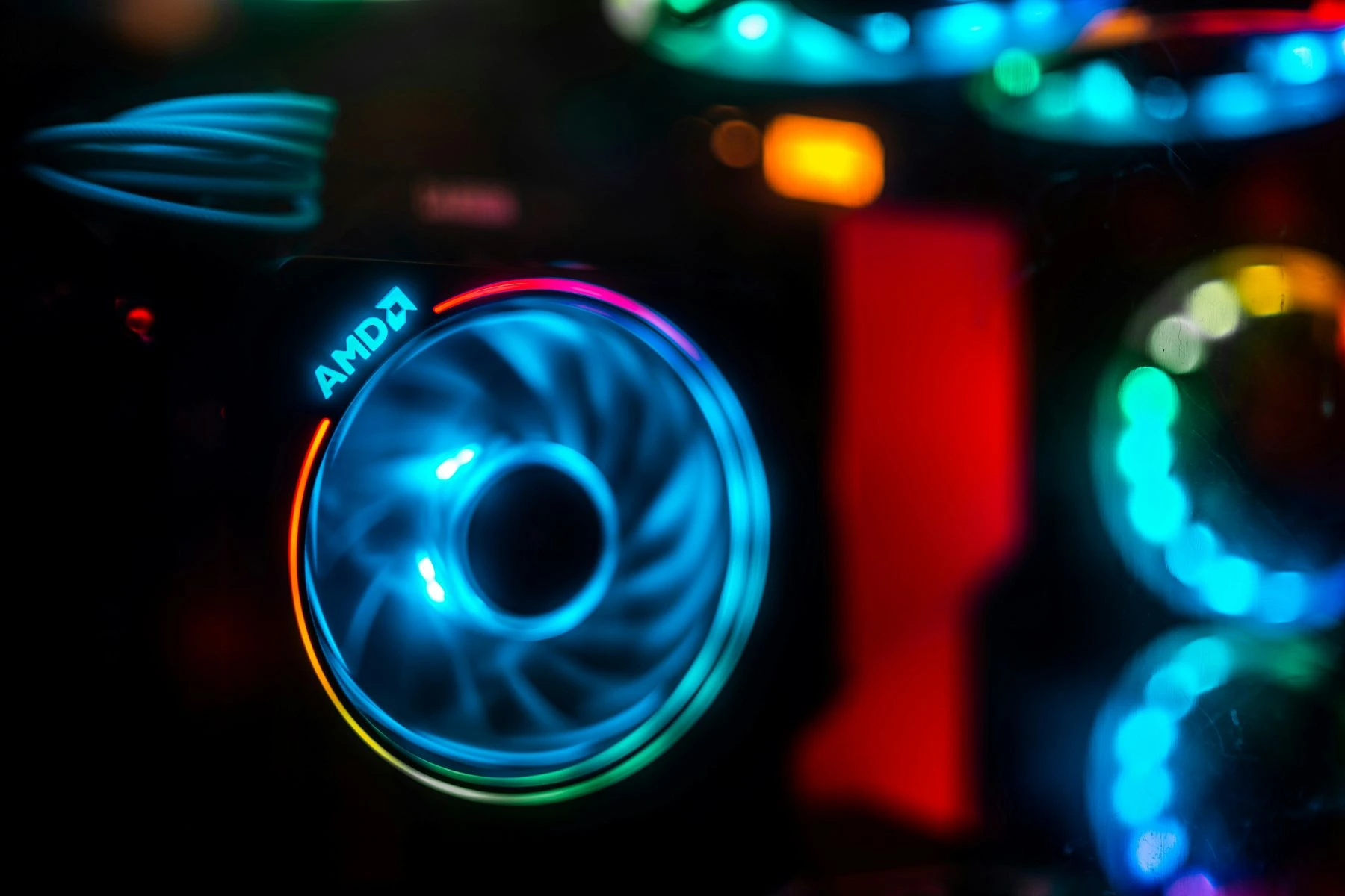 Image of an RGB (colorful) processor fan, branded AMD