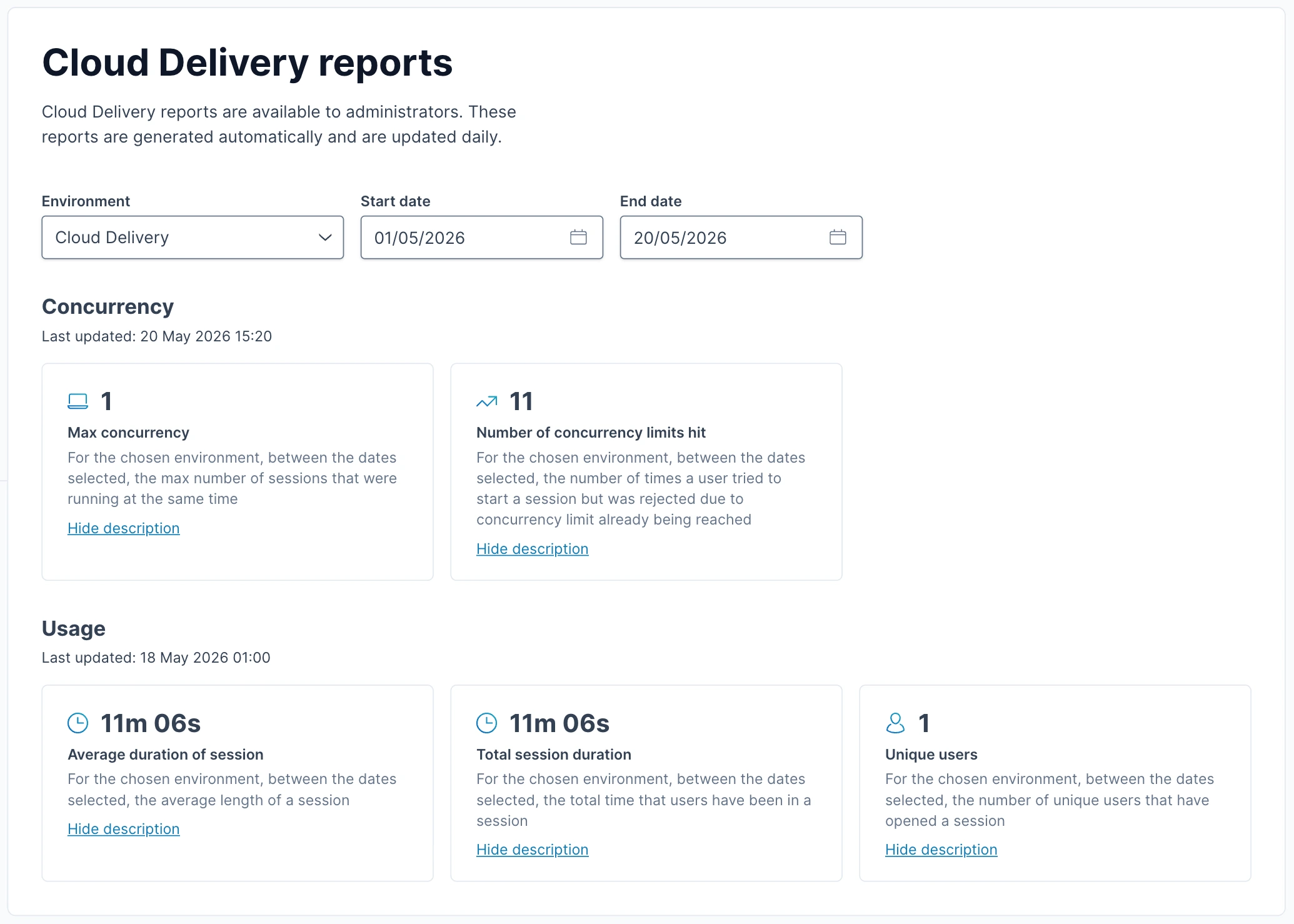 Descriptors have been added to existing Cloud Delivery reporting metrics, helping provide more context around what each metric means and how it should be interpreted.