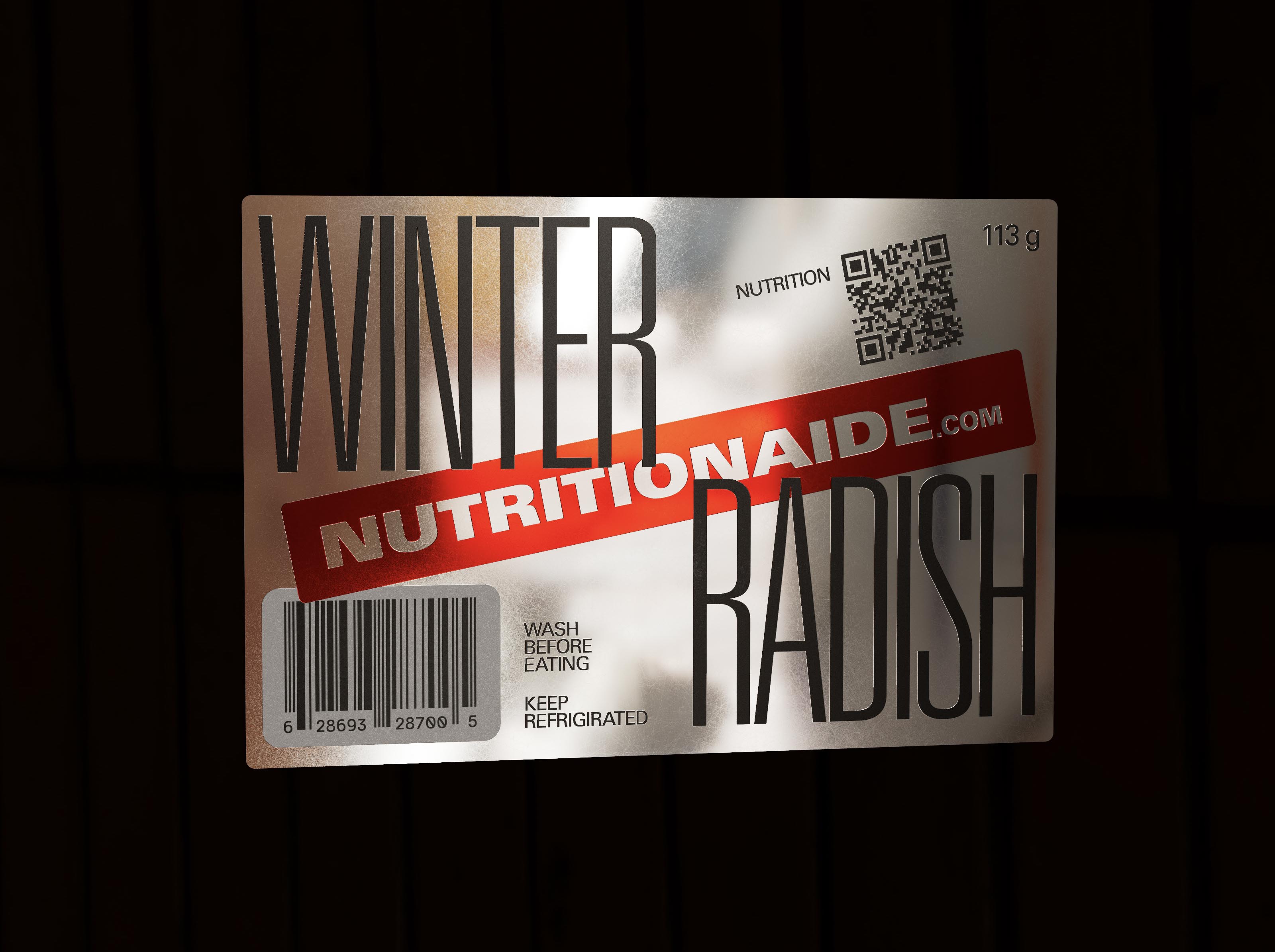 Packaging label for 'Winter Radish' microgreens on a chrome adhesive stock, reflecting a futuristic design ethos with metallic ink effects for enhanced shelf visibility.