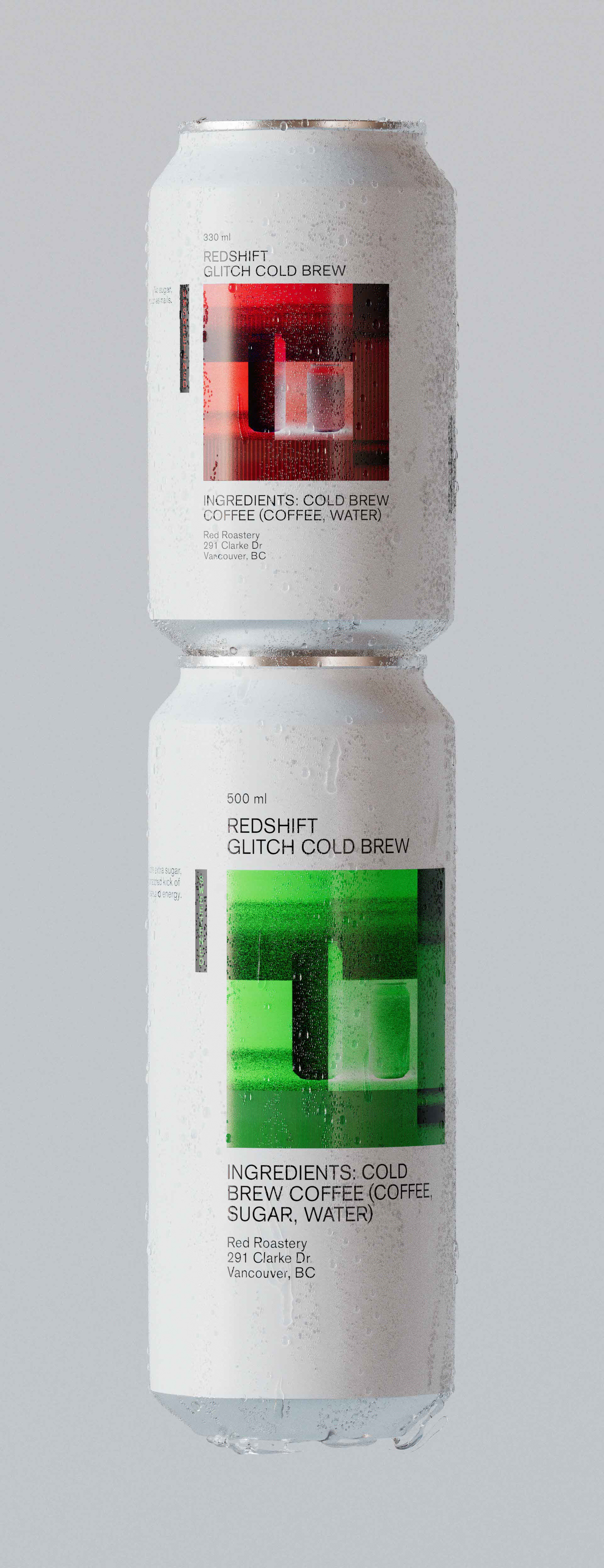 wo cans of Redshift Glitch Cold Brew coffee, one stacked on top of the other, showcasing a sleek minimalist packaging design. The top can features a red glitch art design, while the bottom can displays a green glitch art design. Both cans have a white background with clear, modern typography. The text on the cans includes product name, ingredients, and the address of Red Roastery in Vancouver, BC. The cans have condensation, emphasizing the cold nature of the beverage. This packaging design by a design agency highlights a clean, contemporary aesthetic with an innovative glitch art twist, blending branding and graphic design elements seamlessly.