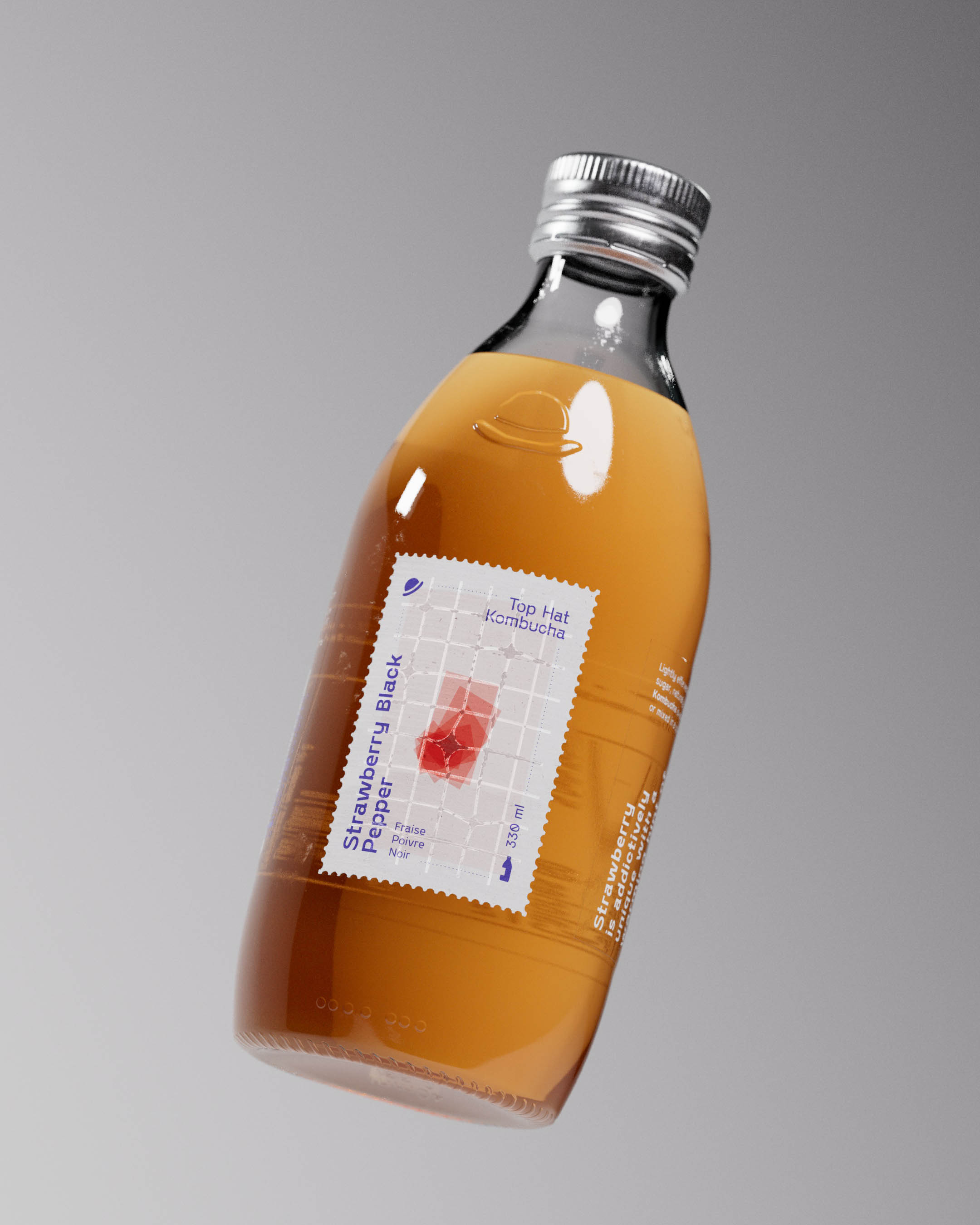Close-up of a Top Hat Kombucha bottle with the Strawberry Black Pepper flavor, captured in vivid detail. This custom-molded bottle features an embossed hat logo, reinforcing the brand's identity. The primary label on Neenah Laid stock is adorned with abstract geometric art in spot Pantone colors, hinting at the unique flavor. The grid of glossy Spot UV adds tactile sophistication, enhancing the #packaging. The secondary transparent label wraps around, providing clear nutritional information, ingredients, and brand details. The warm amber hue of this #kombucha perfectly showcases the refreshing blend, reinforcing the distinctive, premium quality.