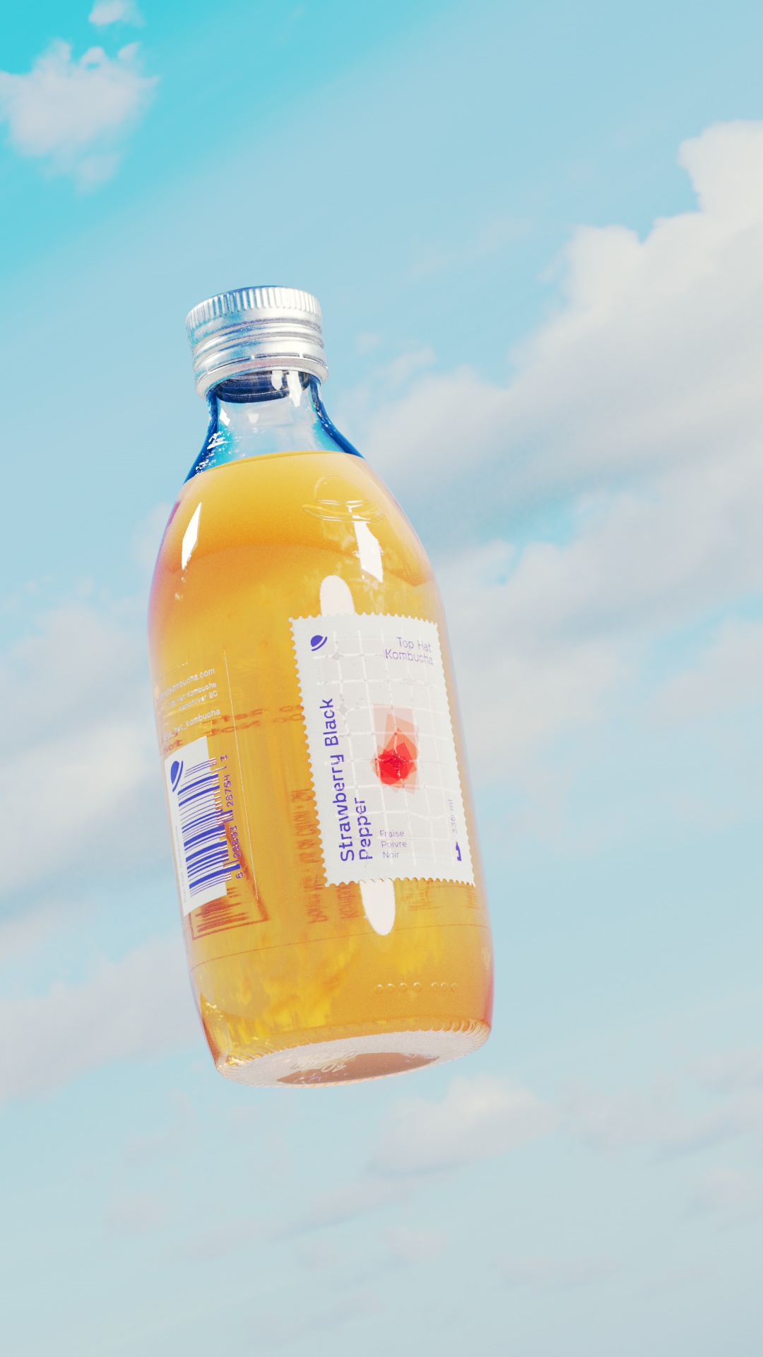 Back close-up with UPC code of a Top Hat Kombucha bottle featuring the Strawberry Black Pepper flavor with a clear sky in the background. The custom-molded bottle has an embossed hat logo and a Neenah Laid stock primary label with abstract geometric art finished with a glossy Spot UV grid. A secondary transparent label wraps around each bottle, offering nutritional facts, ingredients, and product details. The unique, versatile packaging evokes sophistication and visually captures the adventurous flavor profiles.