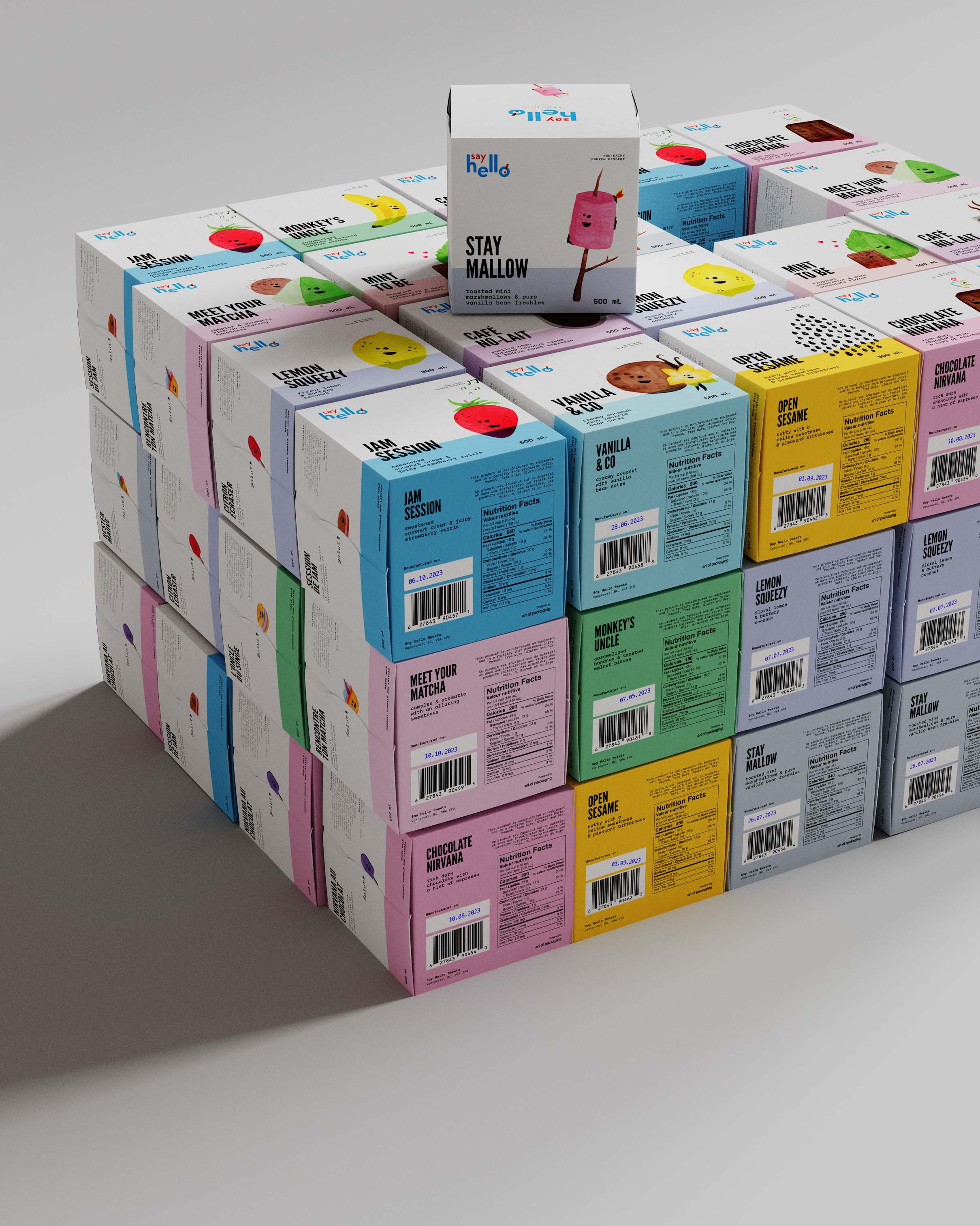 A detailed view of stacked Say Hello Sweets packaging boxes, each with distinct colorful illustrations representing different flavors. The design includes clear nutritional information and barcodes, ensuring practical functionality alongside visual appeal. The variety of colors and playful characters create an engaging and attractive presentation.