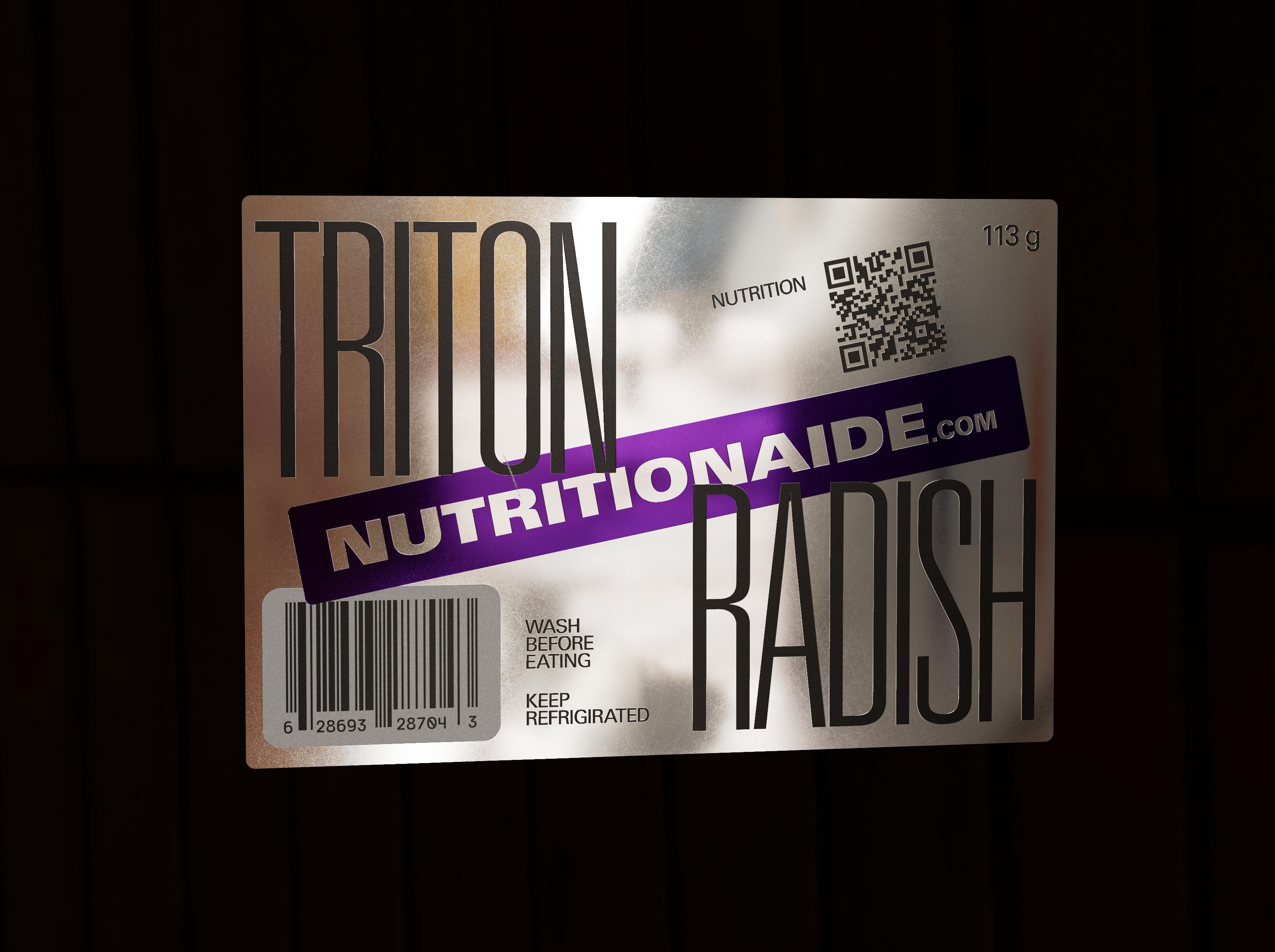 'Triton Radish' microgreens label with a metallic chrome finish highlighting the futuristic, space-age design theme. Includes essential washing and storage instructions, with a QR code for more information.