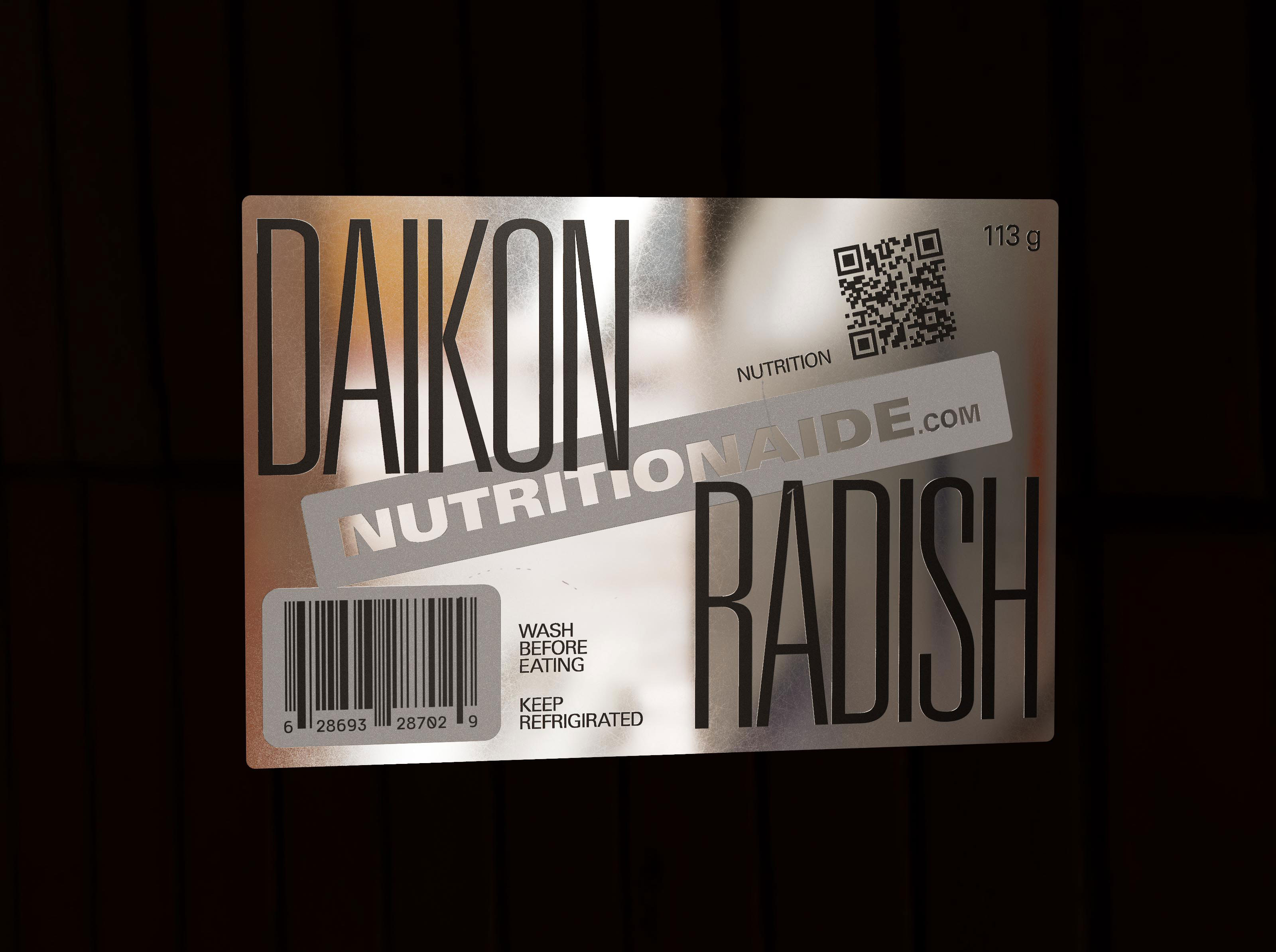 'Daikon Radish' microgreens label showcased on a reflective chrome surface, featuring a minimalist design with a QR code and washing instructions in metallic ink, emphasizing high nutritional content.