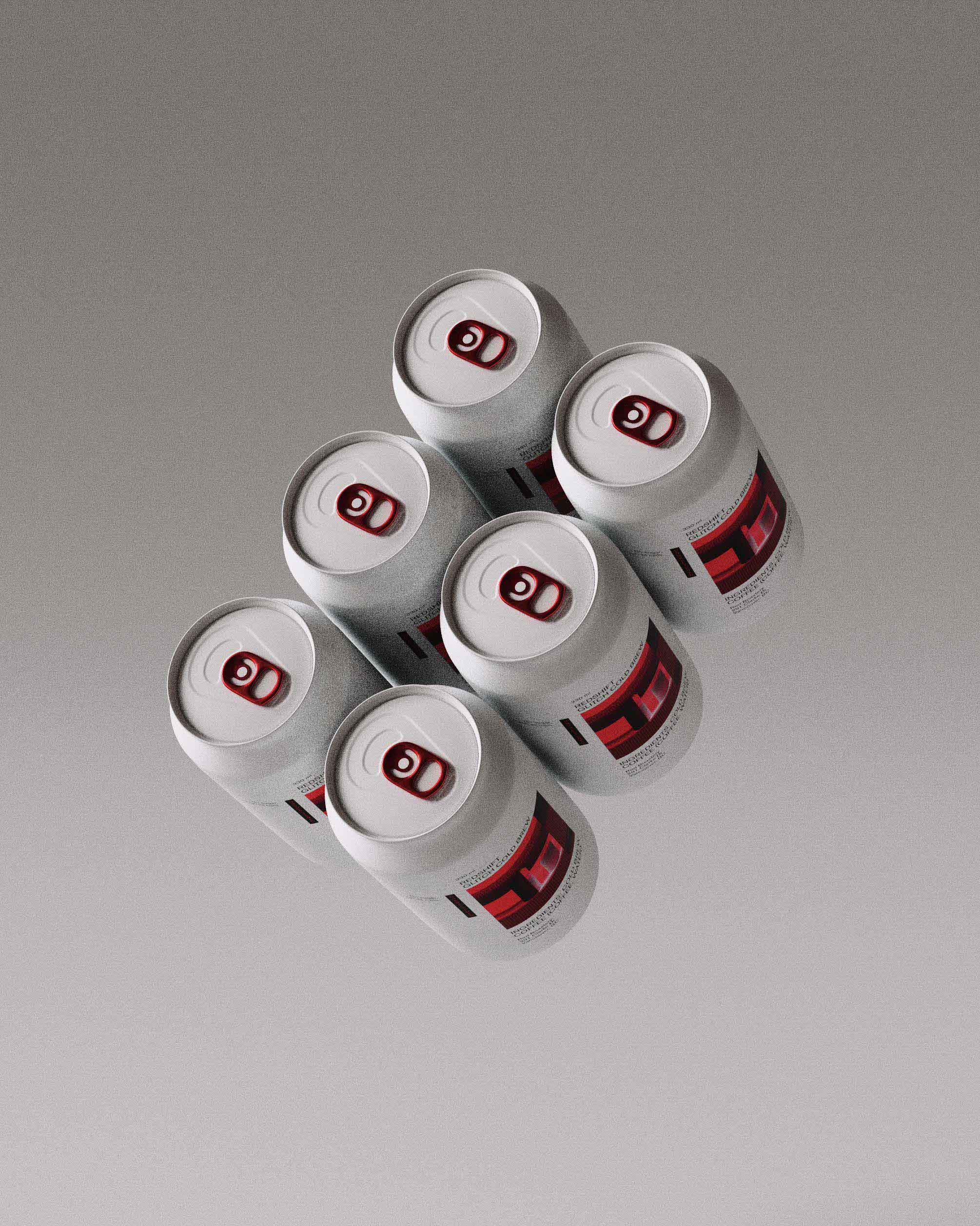 A set of six Redshift Glitch Cold Brew cans, each 330ml, arranged in an elevated view. The packaging design incorporates red glitch-inspired graphics and matching red lids, set against a white background. The minimalist typography displays the product name and ingredients clearly. This elevated view highlights the cohesive and modern design approach by the branding studio, reflecting the brand's innovative and tech-savvy image.