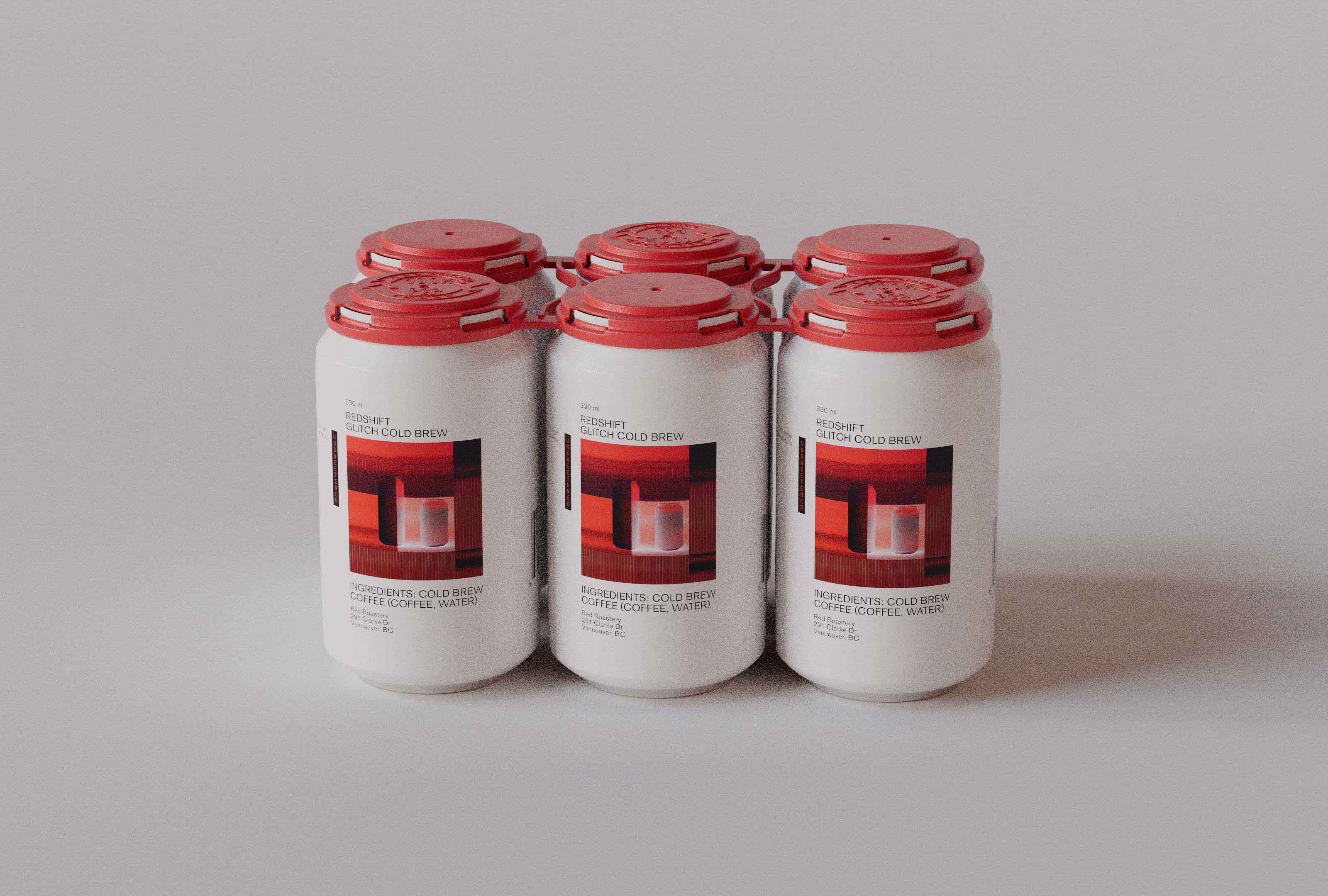 A six-pack of Redshift Glitch Cold Brew cans, each 330ml, featuring red glitch-inspired graphics and red lids. The white background of the cans creates a stark contrast, making the design elements stand out. The minimalist typography displays the product name and ingredients, maintaining a clean and modern look. This packaging design reflects the innovative approach of the design studio, combining visual impact with functional design elements to enhance brand recognition and appeal.