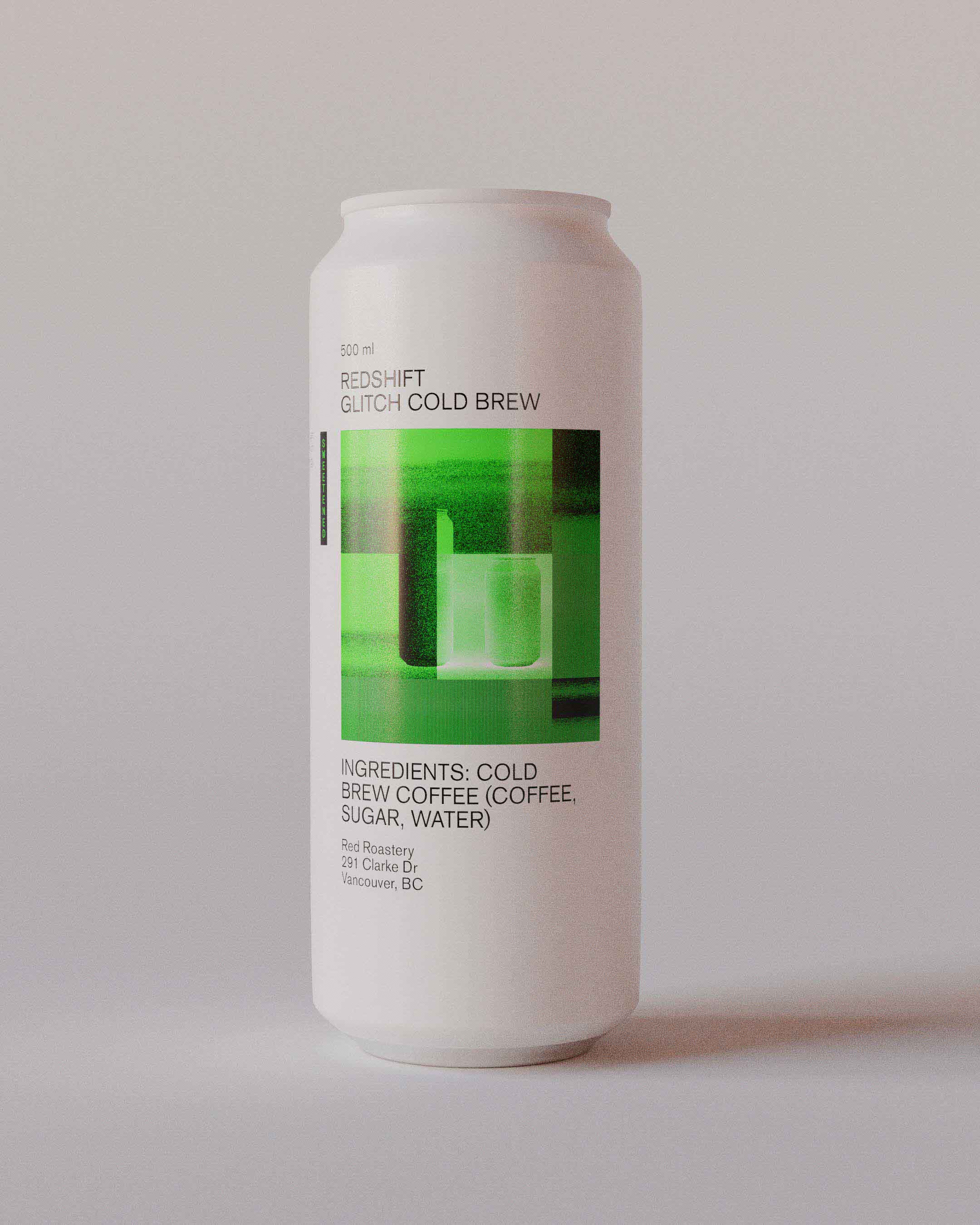A single 500ml can of Redshift Glitch Cold Brew, featuring green glitch-inspired graphics. The white background of the can creates a stark contrast, making the vibrant green design elements stand out. The minimalist typography displays the product name and ingredients clearly, enhancing readability and visual appeal. This modern packaging design by a graphic design studio effectively captures attention, reflecting the innovative and tech-forward brand identity of Redshift Coffee. The can is showcased against a neutral backdrop, highlighting its sleek and contemporary look.