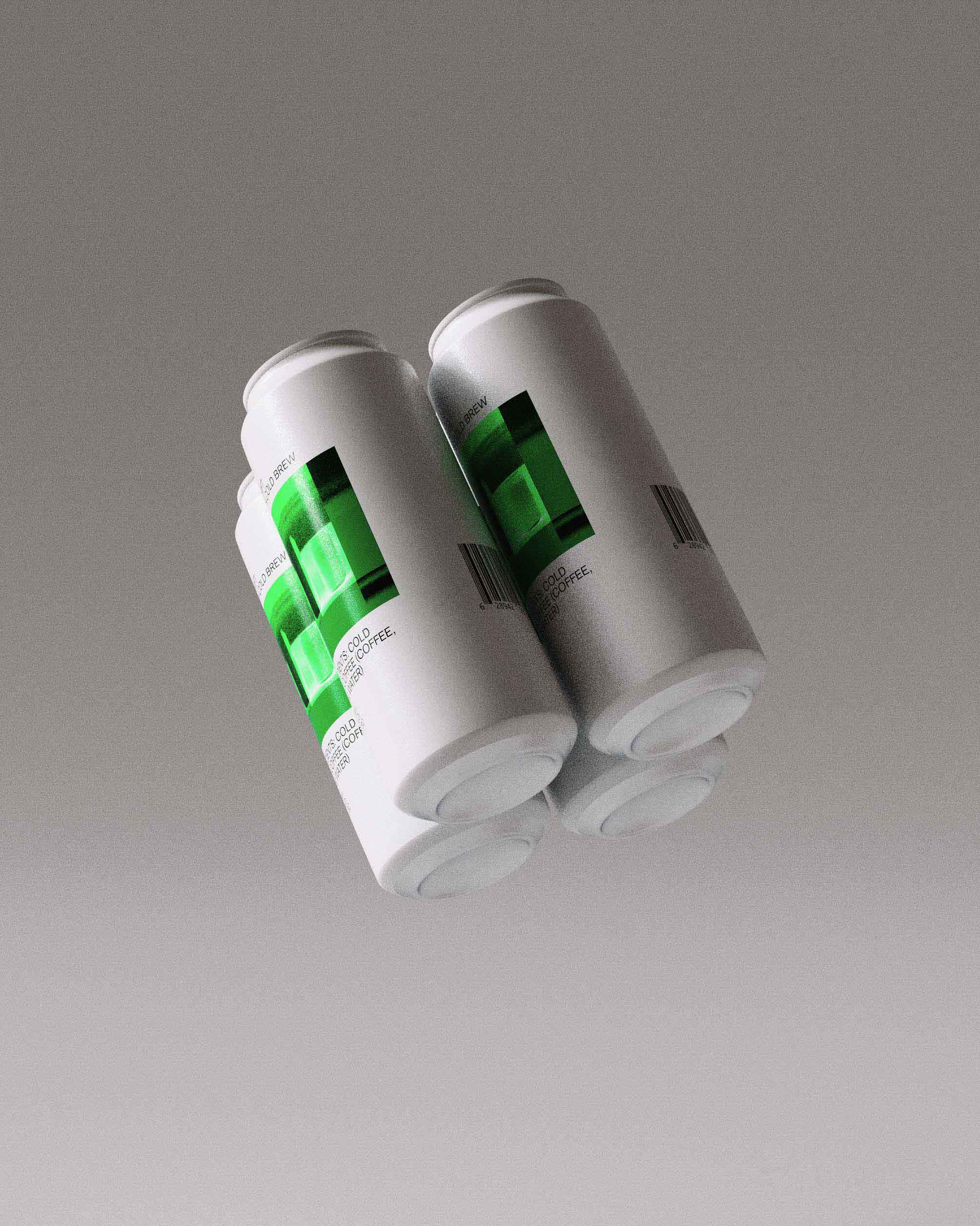 A close-up view of four 500ml cans of Redshift Glitch Cold Brew, featuring green glitch-inspired graphics. The cans are arranged in a floating display, emphasizing the modern and minimalist design. The white background of the cans contrasts sharply with the vibrant green graphics and clear, minimalist typography presenting the product name and ingredients. This packaging design by the top design agency showcases a perfect blend of contemporary aesthetics and practical functionality, appealing to a tech-savvy audience and enhancing brand recognition.