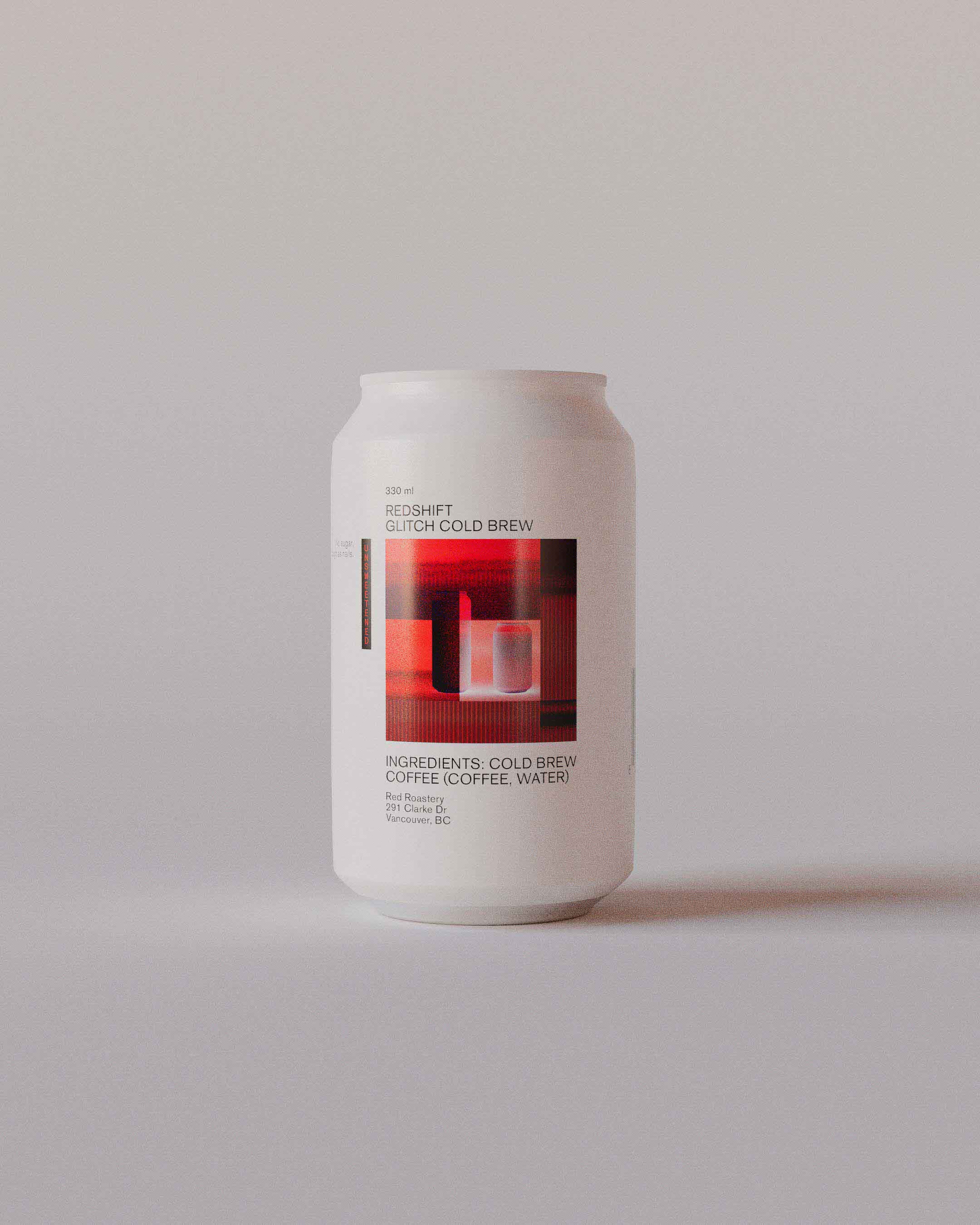 A single 330ml can of Redshift Glitch Cold Brew, featuring a bold red glitch-inspired graphic on a white background. The minimalist typography clearly presents the product name and ingredients, maintaining a clean and modern look. This packaging design by a creative agency combines visual impact with functionality, reflecting the innovative and tech-savvy identity of the Redshift Coffee brand. The can is displayed against a neutral background, emphasizing its sleek and contemporary design.