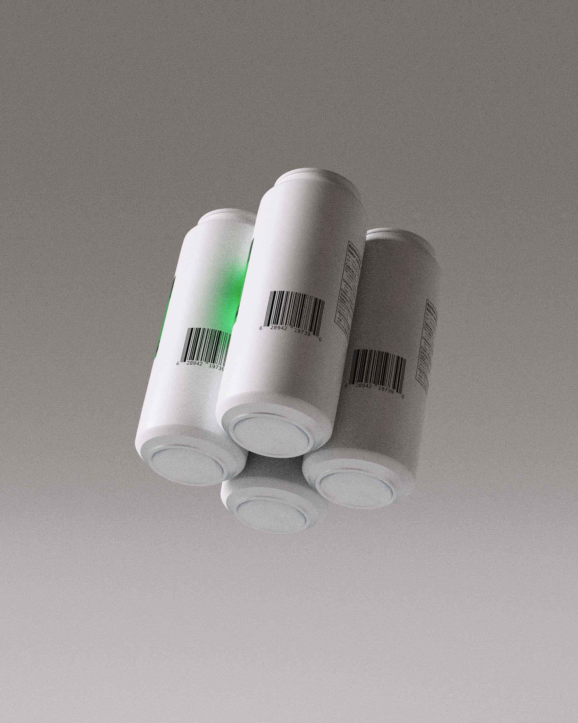 Four 500ml cans of Redshift Glitch Cold Brew viewed from the back, showcasing barcodes and nutritional information. The cans feature a sleek, minimalist design with green glitch-inspired graphics on a white background. This view highlights the clean and modern branding approach by the branding studio, ensuring practical functionality while maintaining strong visual appeal. The floating arrangement of the cans adds a dynamic and innovative touch to the presentation, aligning with the tech-forward identity of Redshift Coffee.