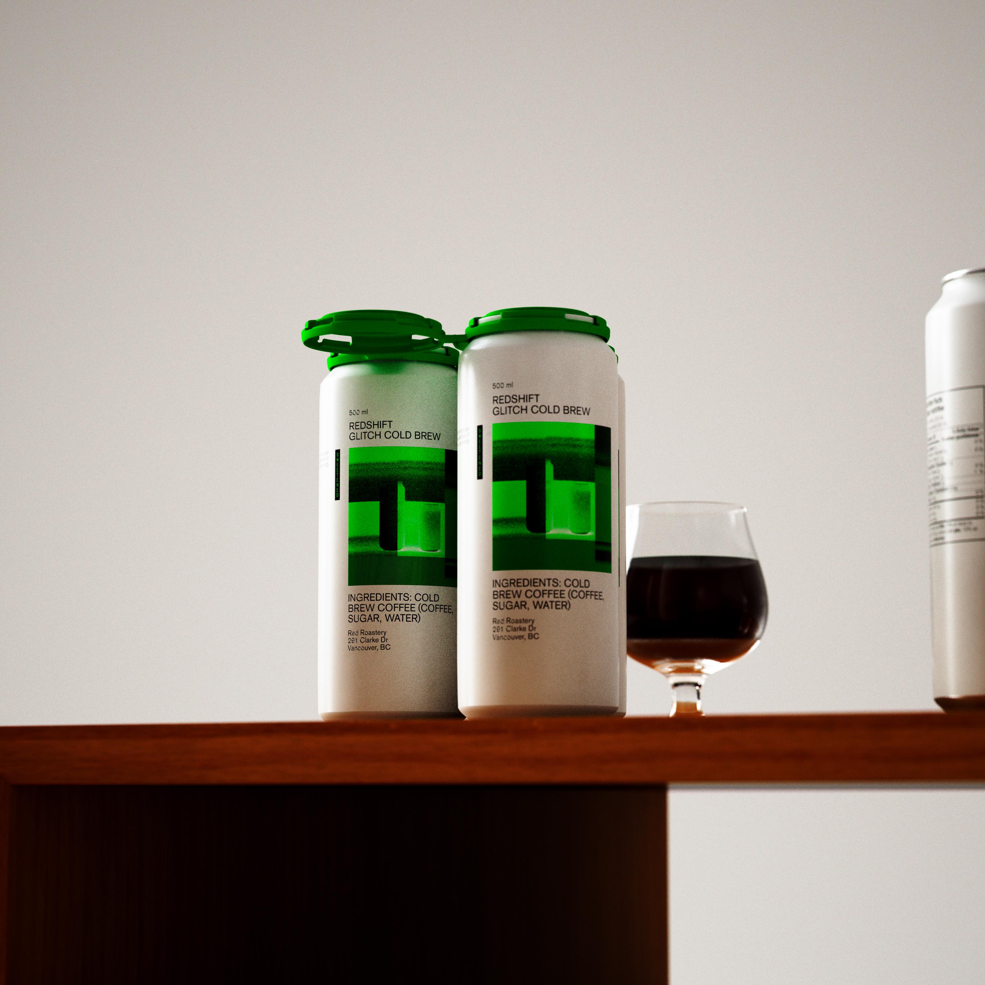  Two cans of Glitch Cold Brew are prominently displayed alongside a glass of cold brew coffee, all set on a wooden surface. The packaging features a white background with a bold green graphic and minimalist black typography. The cans’ design is contemporary and clean, perfectly encapsulating the brand's modern ethos. The arrangement highlights the product's sleek, stylish packaging, designed to attract a sophisticated, design-aware audience.