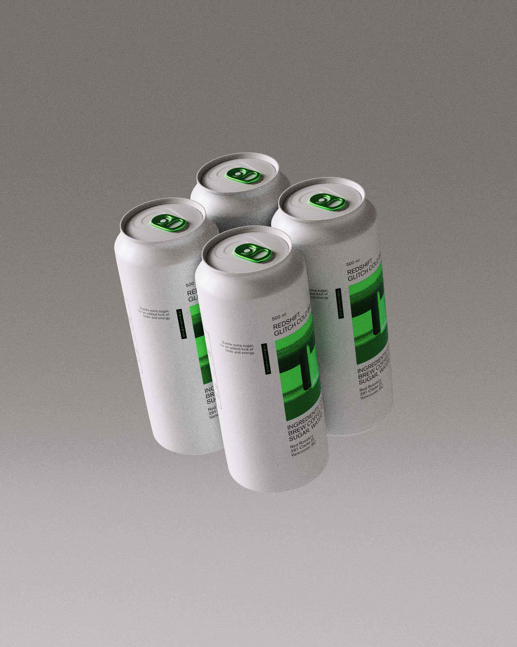 Four 500ml cans of Redshift Glitch Cold Brew with green glitch-inspired graphics and green lids, arranged in a floating display. The clean white background of the cans contrasts with the vibrant green graphics, creating a striking visual effect. The minimalist typography presents the product information clearly. This creative display emphasizes the design studio's expertise in creating visually impactful and modern packaging that aligns with the brand's identity.