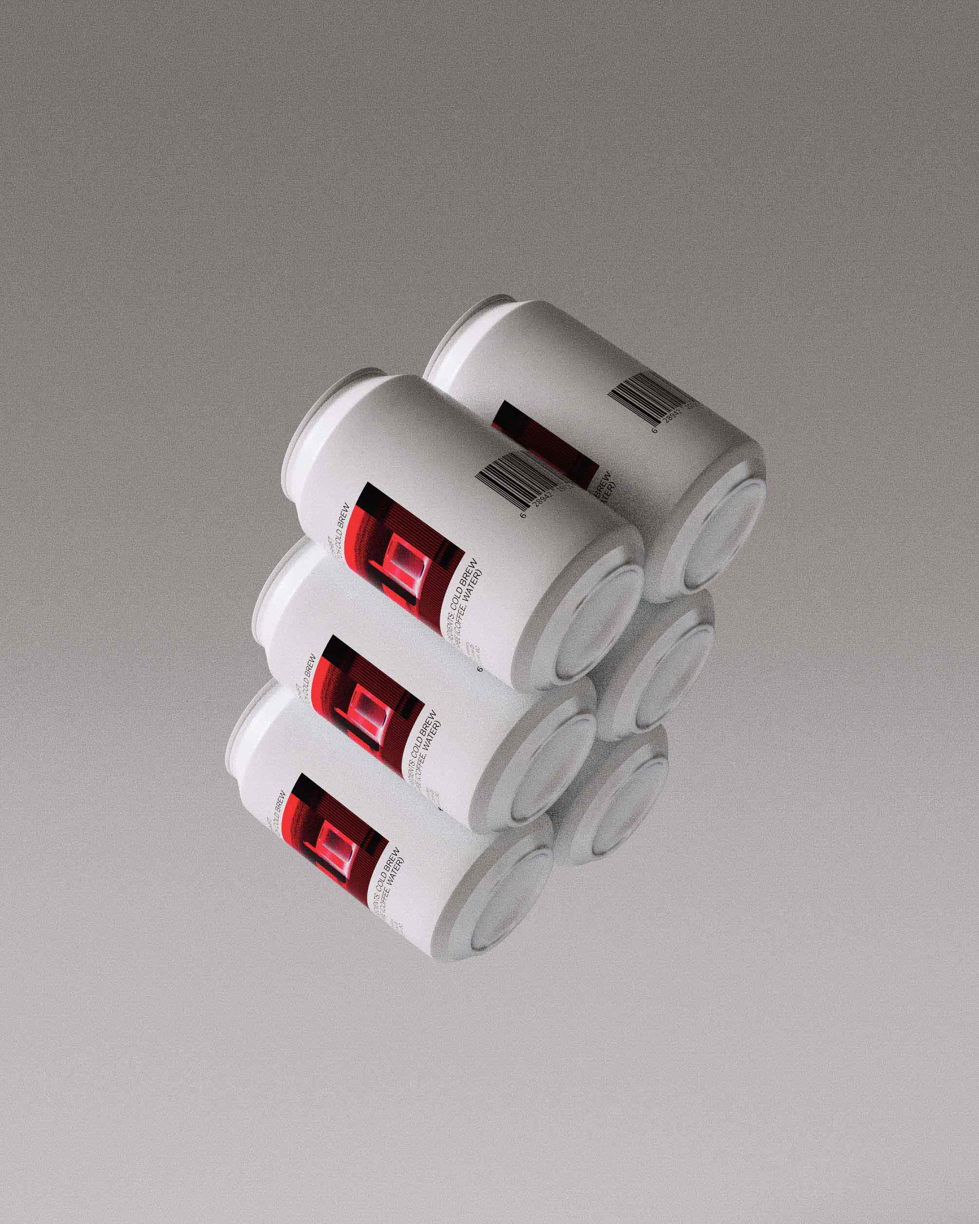 Six Redshift Glitch Cold Brew cans, viewed from the back to showcase the barcode and additional product information. The cans feature glitch-inspired graphics in green and red on a white background, with matching colored lids. This view highlights the minimalist typography and clean design elements, underscoring the branding agency's ability to create functional and visually appealing packaging that maintains brand consistency and consumer appeal.