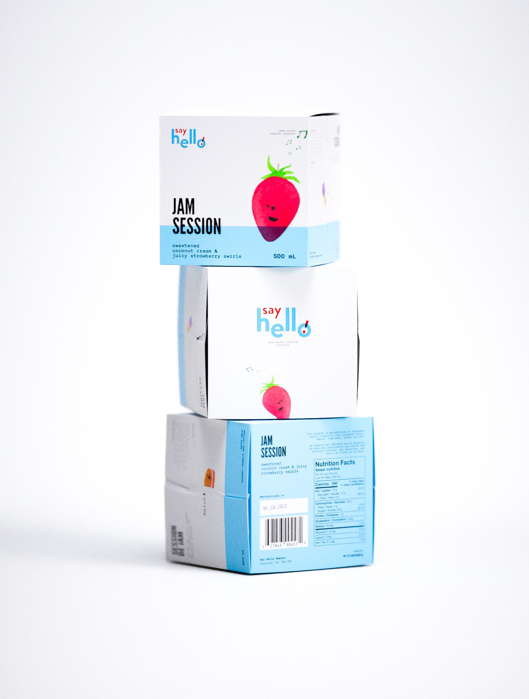 Contemporary packaging design showcasing Say Hello's Jam Session beverage cartons with whimsical strawberry character illustration. Three-tier product display features bold typographic treatment, minimalist design aesthetic, and strategic color blocking in cyan and coral. Professional studio photography highlights innovative structural packaging design for 500ml containers, demonstrating creative branding agency expertise in consumer packaged goods. Clean white backdrop emphasizes the design studio's attention to visual hierarchy and modern packaging solutions.