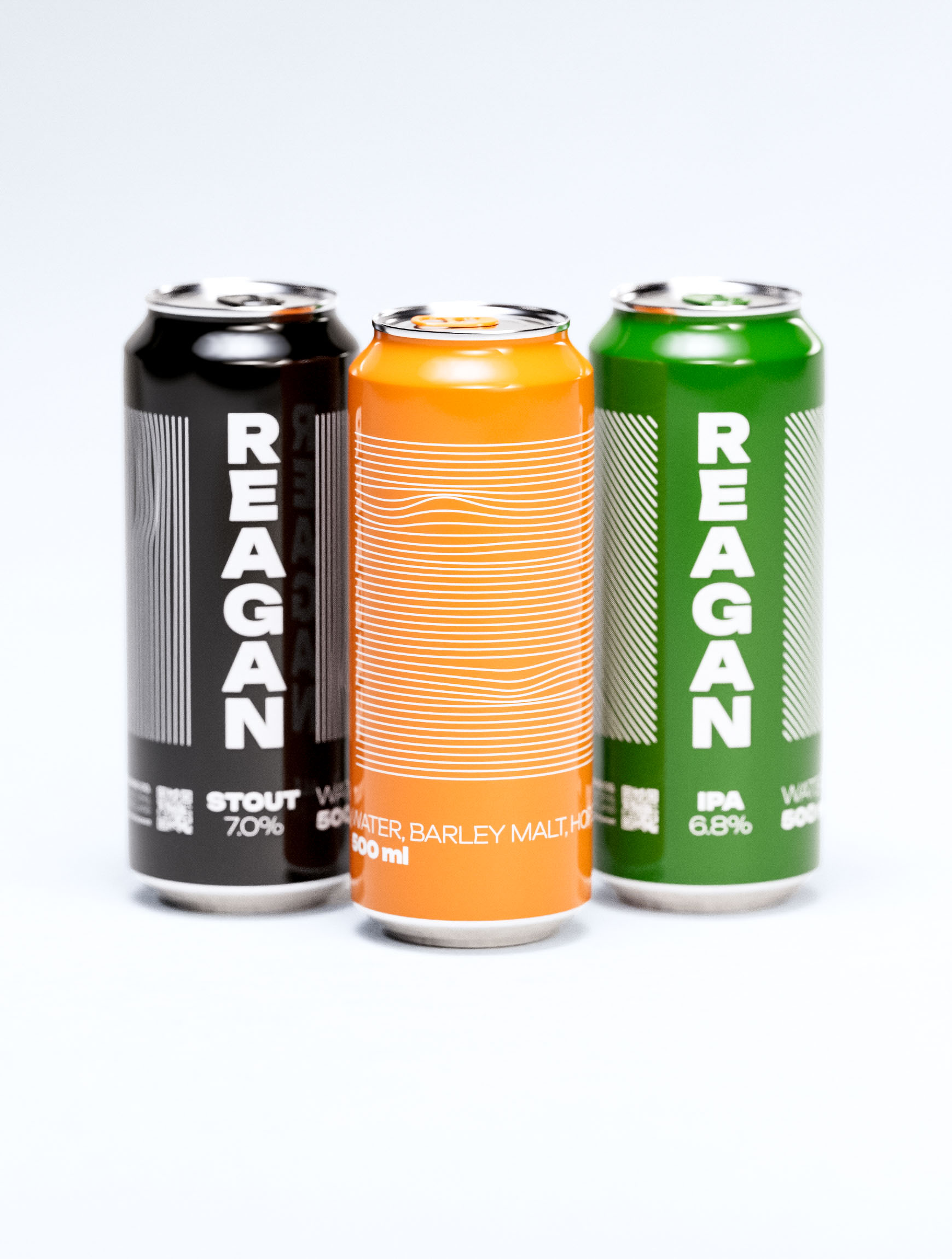 Comprehensive packaging design system for Reagan brewery showcasing design agency's strategic color-coding approach. Black stout (7.0% ABV), central orange ale, and green IPA (6.8% ABV) demonstrate sophisticated brand architecture through consistent vertical Reagan logotype. Creative studio work integrates parametric line patterns with functional beverage information hierarchy. Typography-forward design solution exemplifies modern packaging design trends while maintaining shelf impact through high-contrast colorways and disciplined geometric visual language across aluminum can formats.
