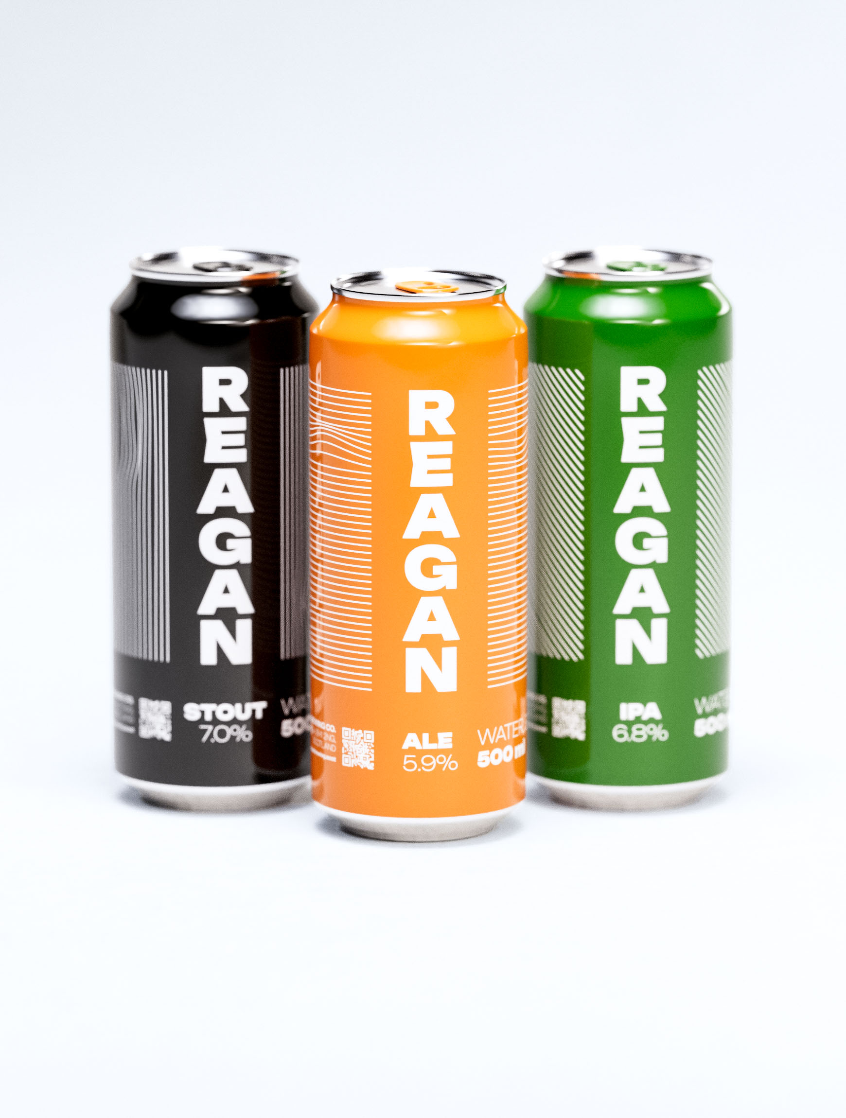 Award-worthy packaging design execution displaying Reagan brewery's complete product family against neutral backdrop. Design studio's creative direction merges industrial aluminum materiality with expressive typographic treatments and algorithmic pattern generation. Each variant—noir stout, amber ale, emerald IPA—maintains distinct personality within unified branding framework. Professional beverage packaging demonstrates agency capabilities in creating memorable shelf presence through strategic use of negative space, kinetic line work, and monolithic type architecture for contemporary craft beer positioning.