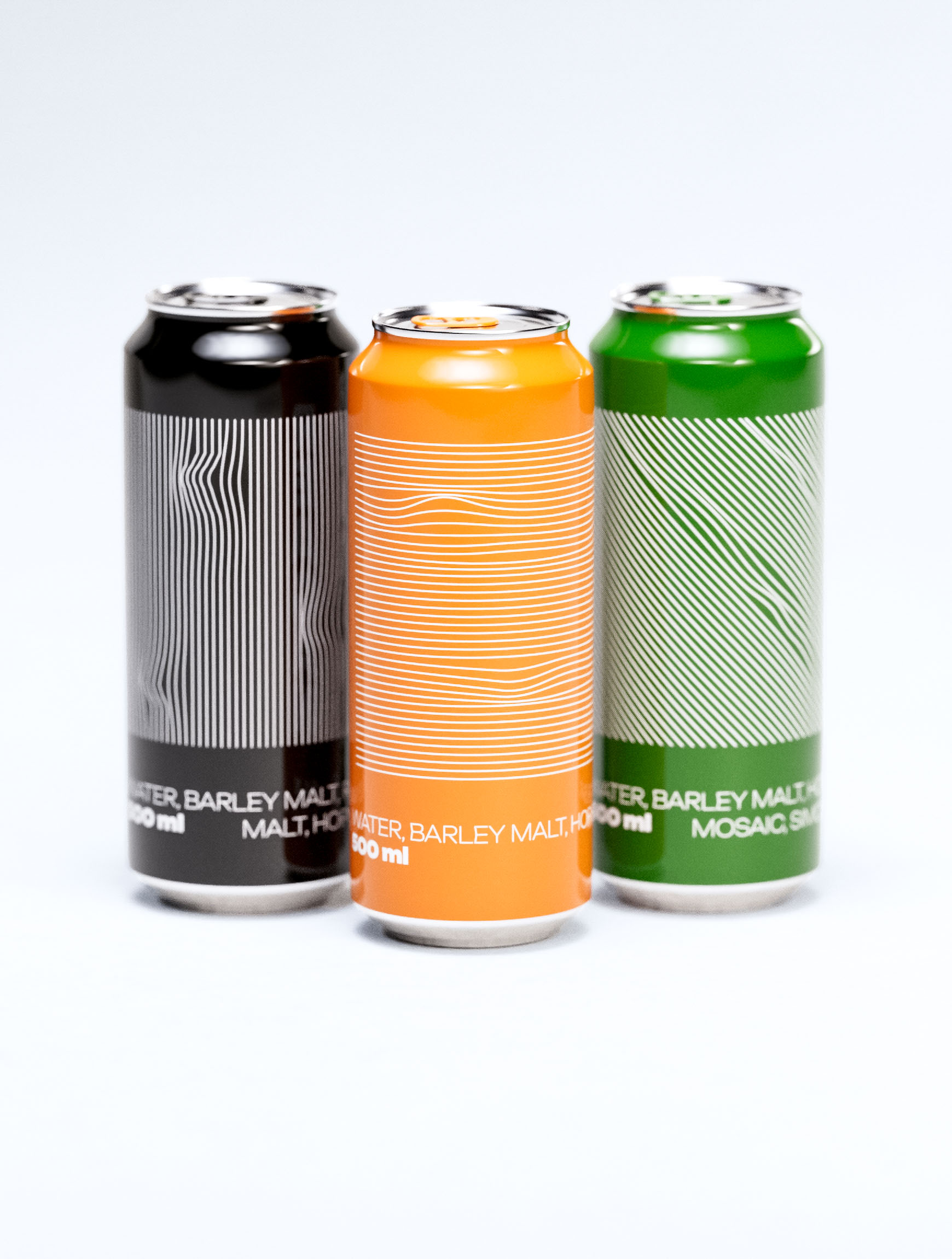 Sophisticated beverage branding across Reagan's three-SKU product line featuring black stout, orange ale, and green IPA variations. Design studio portfolio piece demonstrates mastery of cohesive visual language through consistent vertical letterforms paired with unique linear wave treatments. Each 500ml can employs distinct geometric patterns—angular disruption, flowing curves, diagonal dynamics—unified by bold sans-serif typography. Professional packaging design balances barley malt messaging with clean aesthetic principles for premium craft positioning.
