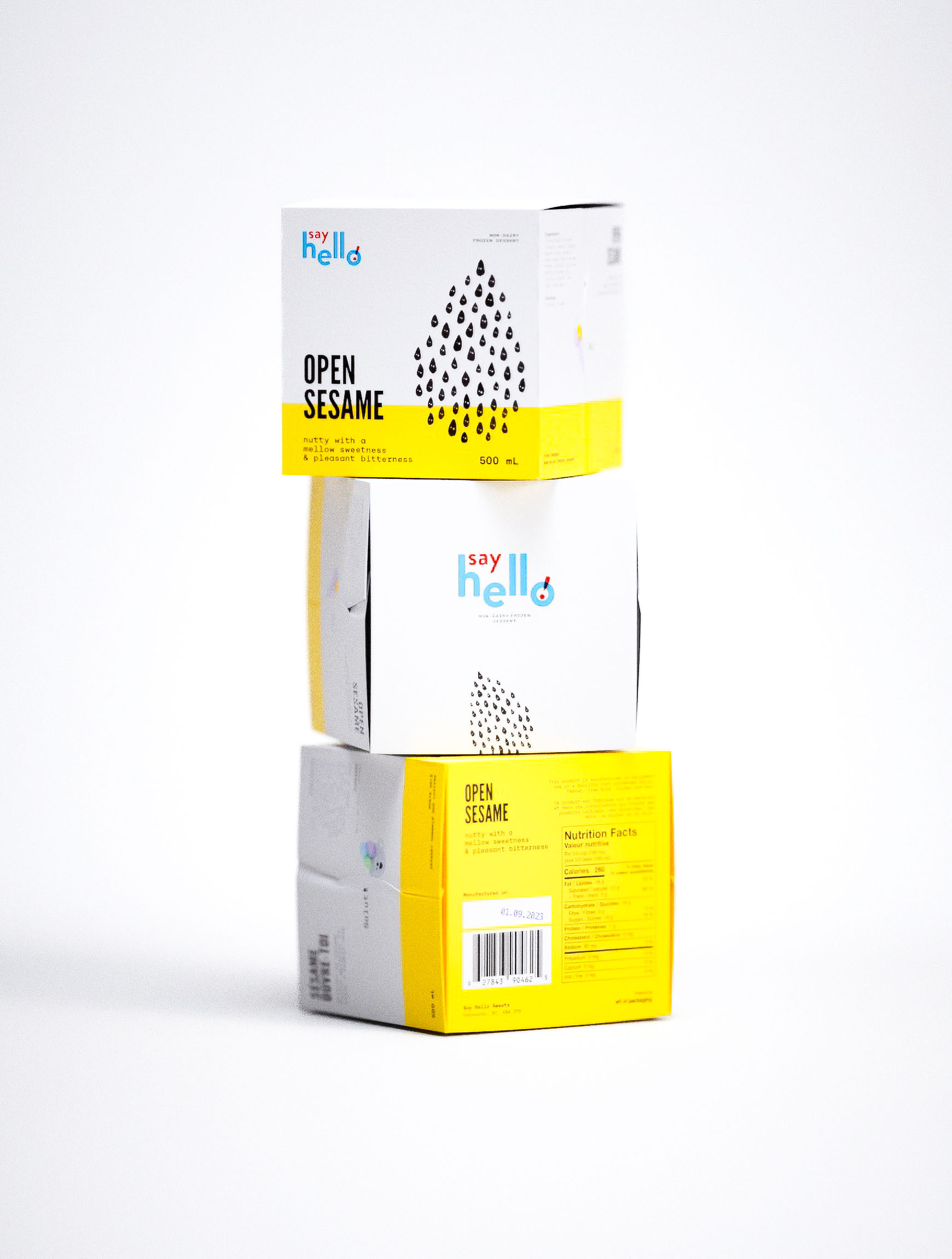 Striking beverage packaging design for Say Hello's Open Sesame line featuring abstract seed pattern graphics. Design studio execution balances playful yellow colorways with sophisticated typographic elements across stacked carton architecture. Premium packaging design demonstrates creative agency mastery of visual storytelling through minimalist illustration and strategic brand positioning. Professional product photography captures innovative structural design details and nutrition panel integration for contemporary beverage branding.
