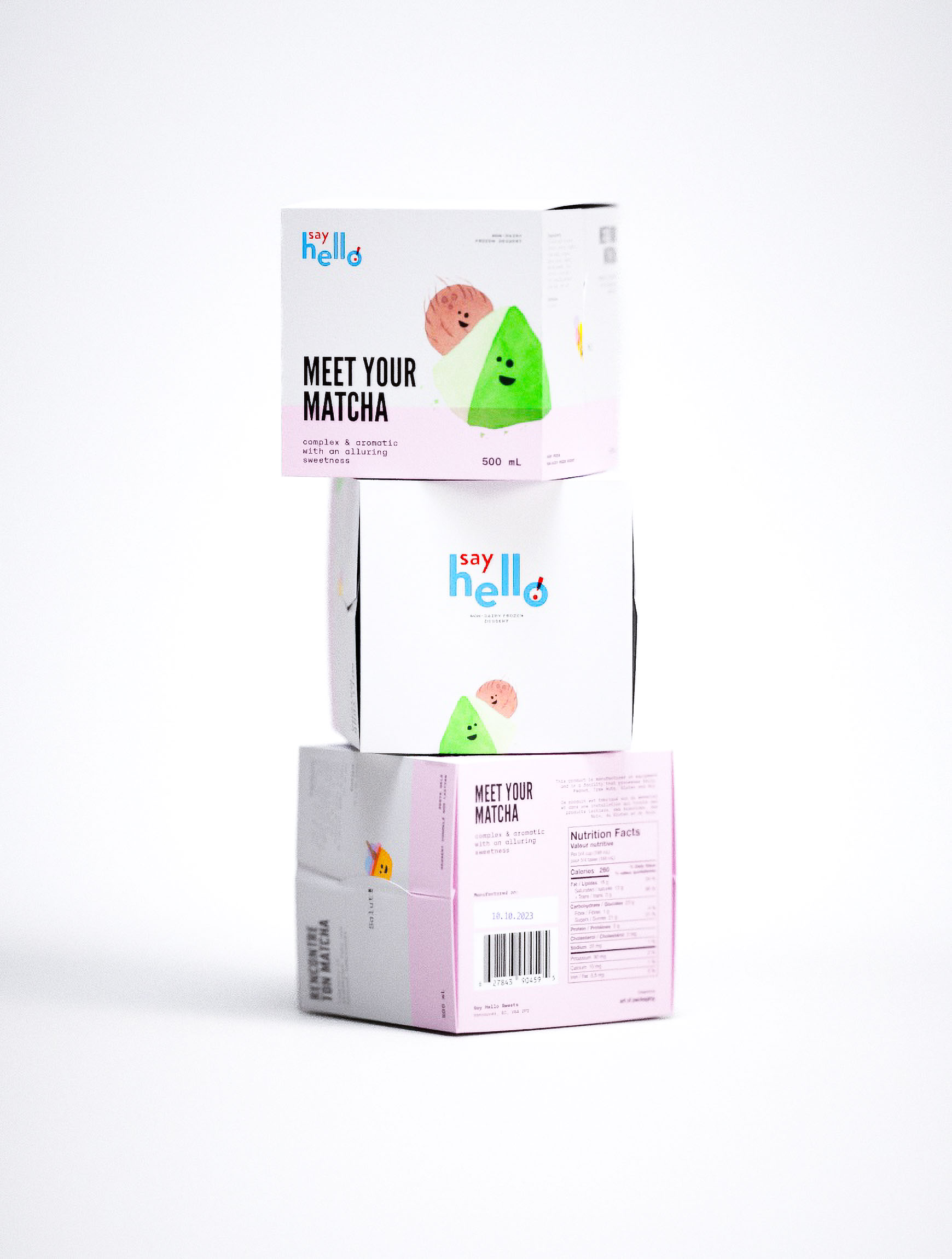 Charming packaging design solution featuring Say Hello's Meet Your Matcha beverage with anthropomorphic tea leaf and companion characters. Design agency's creative direction merges soft pink backgrounds with vibrant green accents, showcasing expertise in emotional branding through illustration. Multi-panel carton design exemplifies modern typography principles and playful visual communication strategies. Studio photography emphasizes dimensional packaging structure and cohesive brand system development across 500ml format