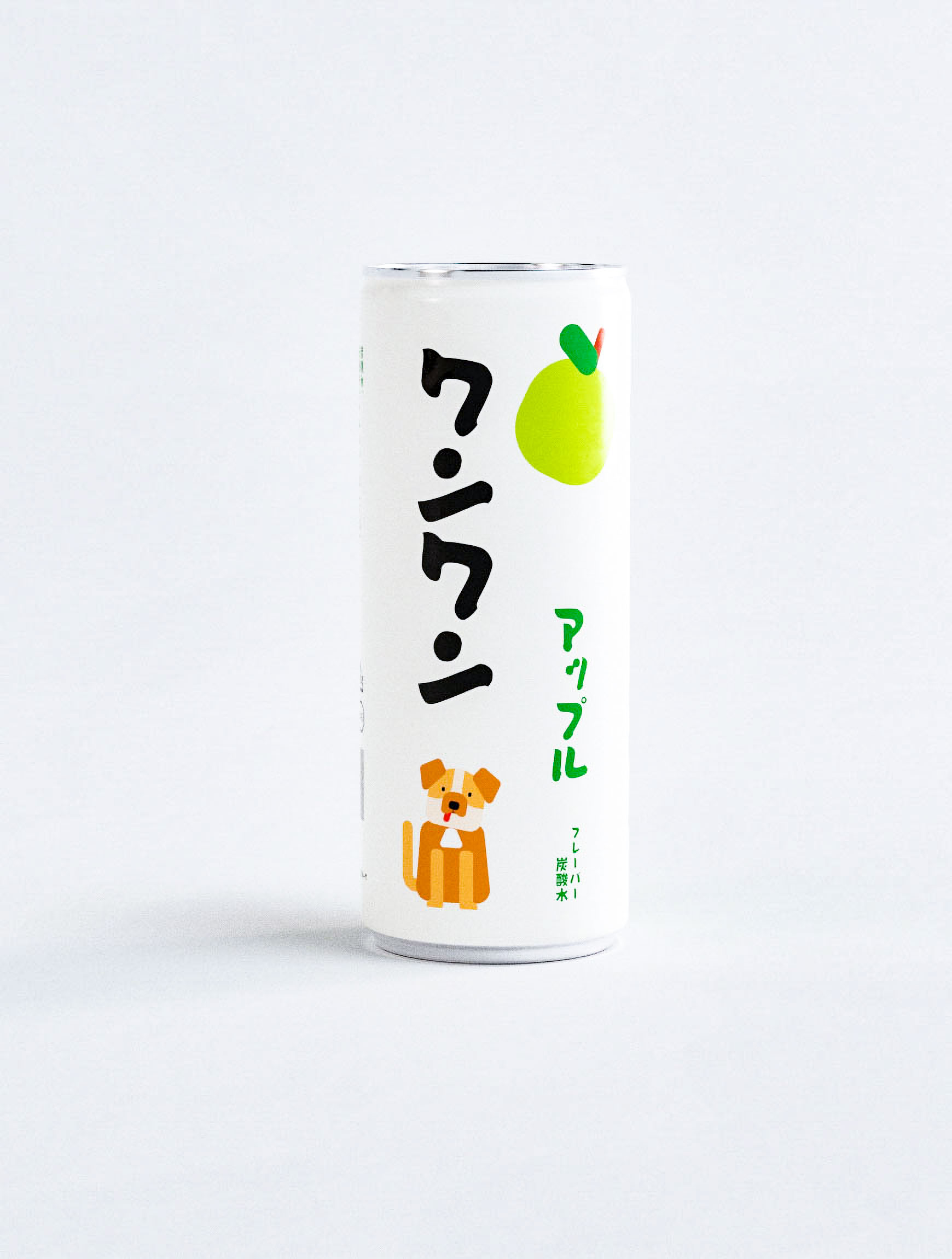 Minimalist beverage packaging design featuring Japanese sparkling water can with strategic bilingual typography layout and organic certification marks. Professional design studio execution showcasing contemporary Japanese packaging aesthetics through clean white aluminum can with vibrant green text hierarchy. Creative branding agency work demonstrating expertise in Asian beverage market positioning with subtle yellow accent elements and precise typographic grid system for premium carbonated water product differentiation.