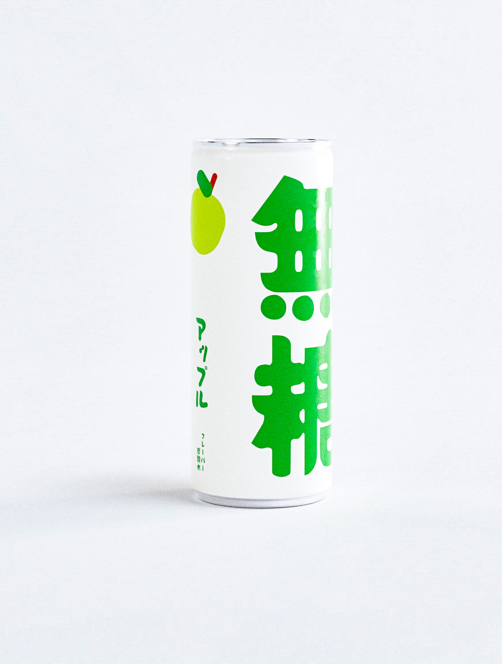 Dynamic packaging design studio creation for Japanese organic beverage featuring bold green typography on pristine white aluminum can format. Professional design agency portfolio showcasing innovative bilingual branding through striking kanji characters and strategic visual hierarchy. Contemporary packaging design demonstrating expertise in Japanese beverage market with organic certification integration and minimalist design principles for health-conscious consumer positioning.