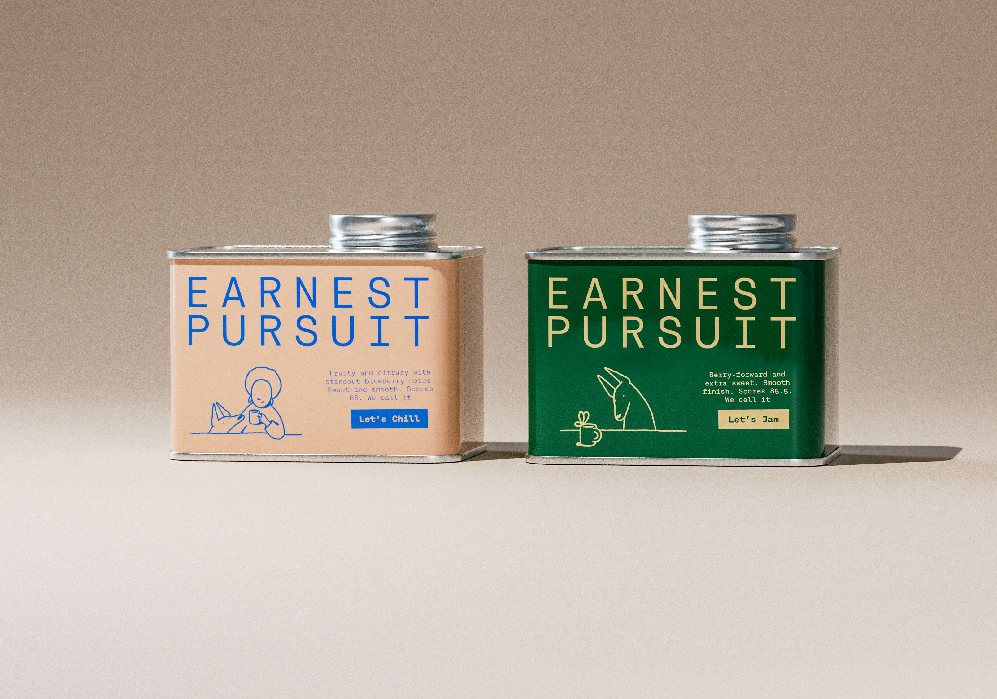 Two square metal coffee tins are presented against a neutral studio backdrop, photographed with soft directional lighting that casts subtle shadows to the right. The left tin features a matte sand-colored label with bold blue sans-serif typography reading “Earnest Pursuit,” accompanied by a delicate line illustration of a seated figure holding a cup beneath a small sun. A concise tasting note and the phrase “Let’s Chill” appear in a blue block, demonstrating thoughtful packaging design and clear hierarchy. The right tin is finished in deep green with warm gold typography and a minimalist line drawing of an animal beside a cup and crescent moon, paired with the phrase “Let’s Jam.” The composition highlights refined branding, graphic design precision, and art direction typical of a contemporary packaging design studio focused on clarity and restraint.