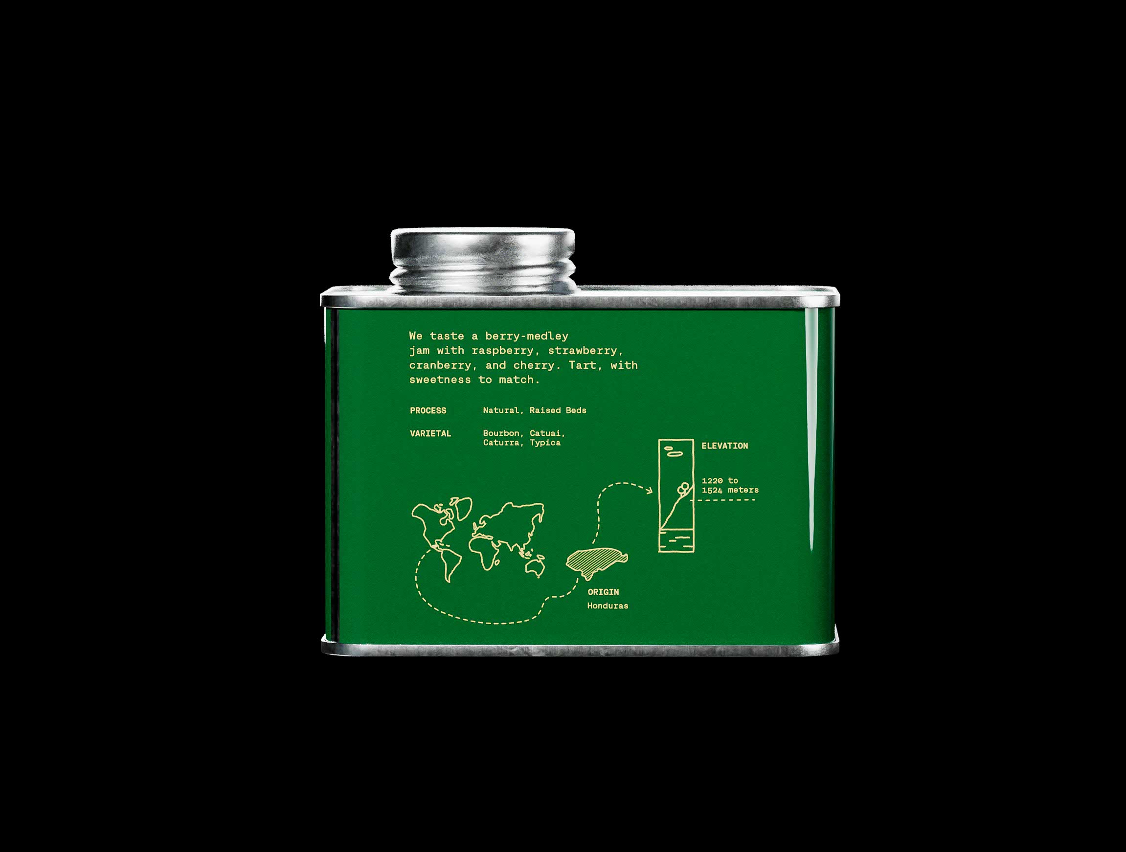 Back detail of the green Earnest Pursuit tin featuring illustrated origin information. A tasting description appears at the top, followed by process and varietal details. Minimal line graphics depict a world map with Honduras highlighted, connected by a dotted path to an elevation diagram. The structured layout integrates storytelling with clarity, demonstrating packaging design studio expertise in combining information design, branding, and illustration within a cohesive graphic system.
