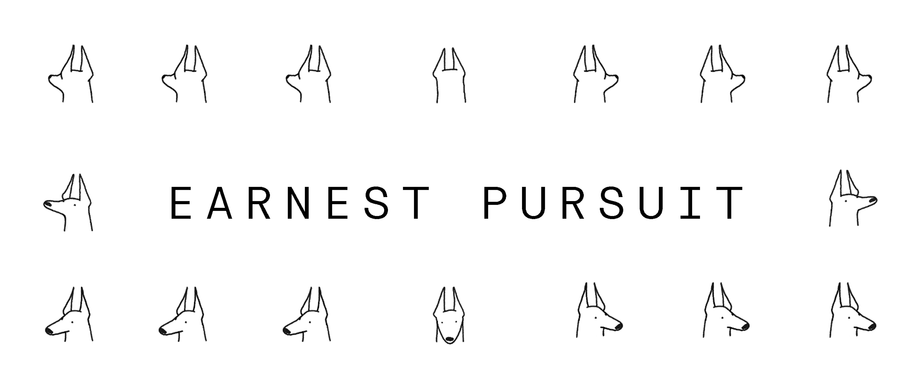 Expanded brand identity visual for Earnest Pursuit featuring a centered logotype in widely spaced black sans-serif typography on a soft grey background. Surrounding the wordmark is a grid of minimalist Doberman head illustrations shown in multiple angles and subtle variations, exploring form, proportion, and expression through simple line work. The repeated studies frame the logo above and below, demonstrating the development of a cohesive illustration system within the broader identity design. The restrained black-and-grey palette emphasizes clarity and refinement, reflecting branding studio methodology where graphic design, character exploration, and art direction converge to build a flexible yet disciplined visual language suitable for packaging design and brand applications.