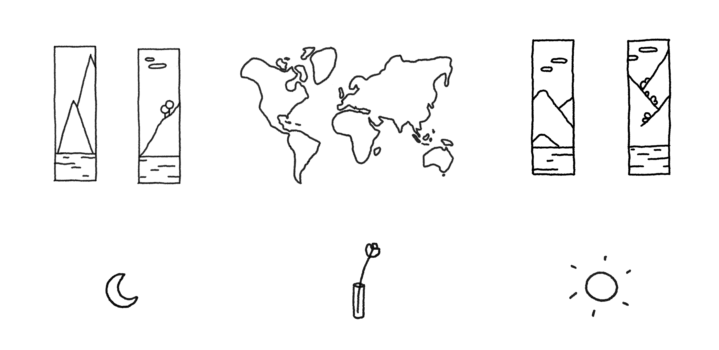 Minimal black line illustration set on a soft grey background featuring simplified elevation diagrams, a hand-drawn world map, and small symbolic icons including a crescent moon, a single flower stem, and a sun. The elevation graphics depict stylized mountain profiles above water lines, while the world map is rendered in an intentionally imperfect, sketch-like style. The composition presents the visual language developed for Earnest Pursuit packaging, showcasing the illustration system used to communicate origin, altitude, and tasting context. The restrained monochrome execution reflects packaging design studio discipline, where graphic design, information hierarchy, and art direction are unified through consistent line weight and thoughtful spacing within a broader branding identity framework.