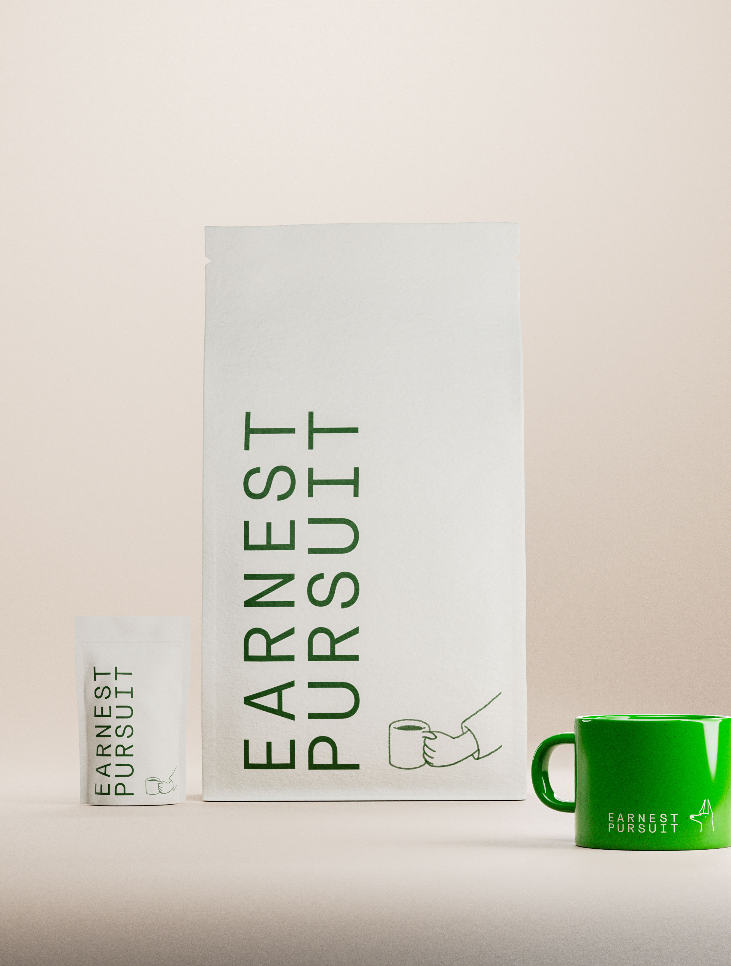 A refined product composition featuring minimalist coffee packaging and branded merchandise set against a soft neutral backdrop. A tall white wholesale coffee bag stands centrally with bold vertical green typography reading “EARNEST PURSUIT,” demonstrating confident graphic design and clear brand hierarchy. To the left, a smaller retail pouch echoes the same identity system at a reduced scale, reinforcing consistency in packaging design. On the right, a vivid green ceramic mug carries the Earnest Pursuit logotype and icon in white, extending the branding beyond packaging into merchandise. Subtle line art of a hand holding a cup appears on the main bag, adding a human touch to the identity design. The restrained color palette, thoughtful typography, and balanced negative space reflect deliberate art direction and creative direction typical of a contemporary packaging design studio focused on clarity and shelf impact.
