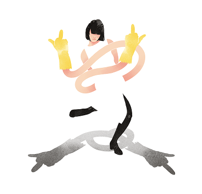 Yellow gloves middle fingers with cats, watercolor illustration