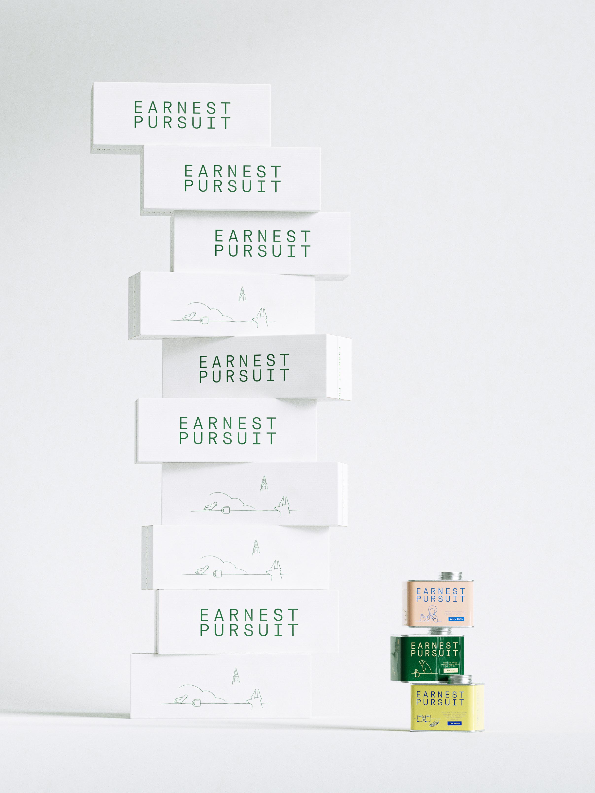 A tall, staggered tower of white corrugated shipping mailers rises against a soft grey studio backdrop, each carton offset from the one below so the stack reads like a precarious skyline. Alternating faces carry the forest-green EARNEST PURSUIT wordmark — a widely letter-spaced grotesque — and a fine single-line illustration of a New York vignette: a bird, a steaming cup, a cloud and the Chrysler spire on a thin horizon. To the right sits a trio of stacked tins in blush, deep green and yellow. The mailers are matte uncoated board with restrained one-colour green print; the tins are lithographed metal. The work spans packaging design, brand identity, illustration and art direction for a New York specialty-coffee brand — design by AOFP Studio.